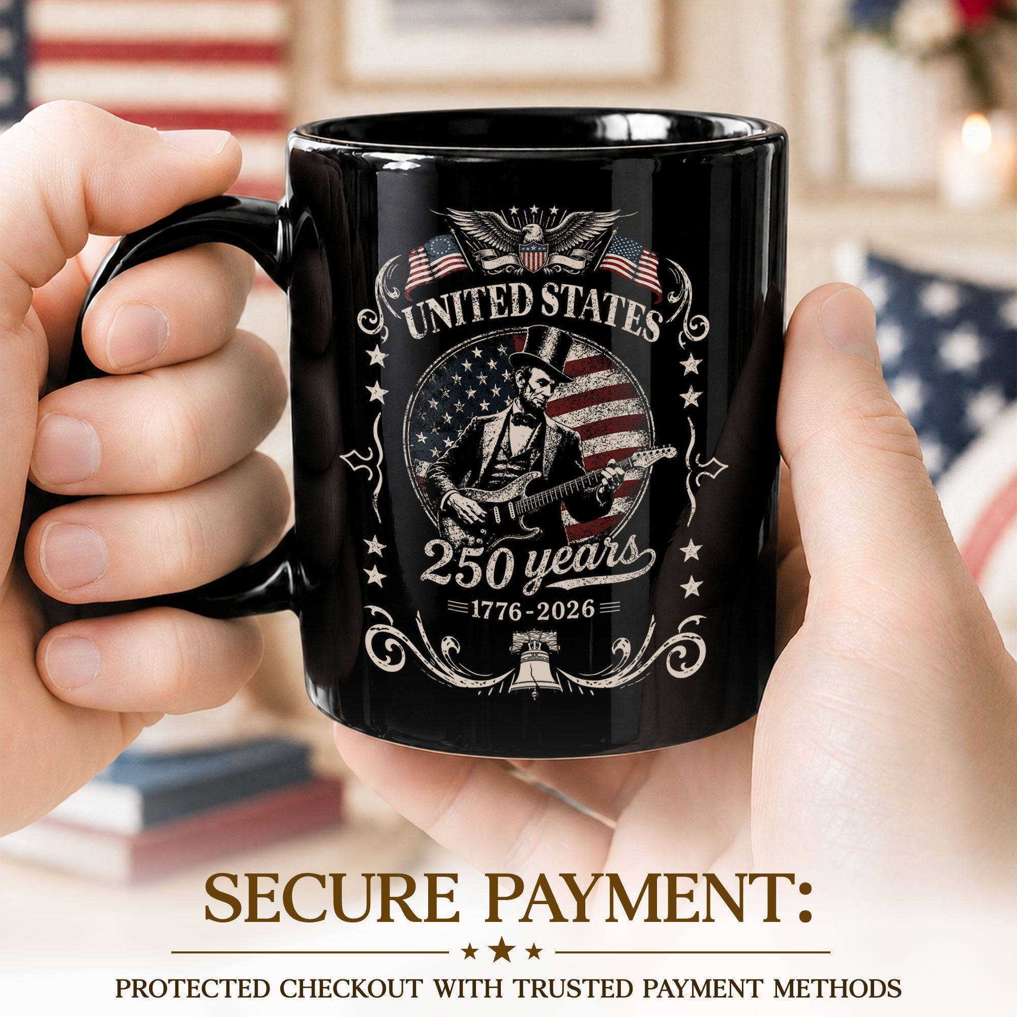 Abraham Lincoln Guitar Mug - 250 Years 1776-2026 Patriotic US Anniversary Cool Music Gift - Rust Field Wear