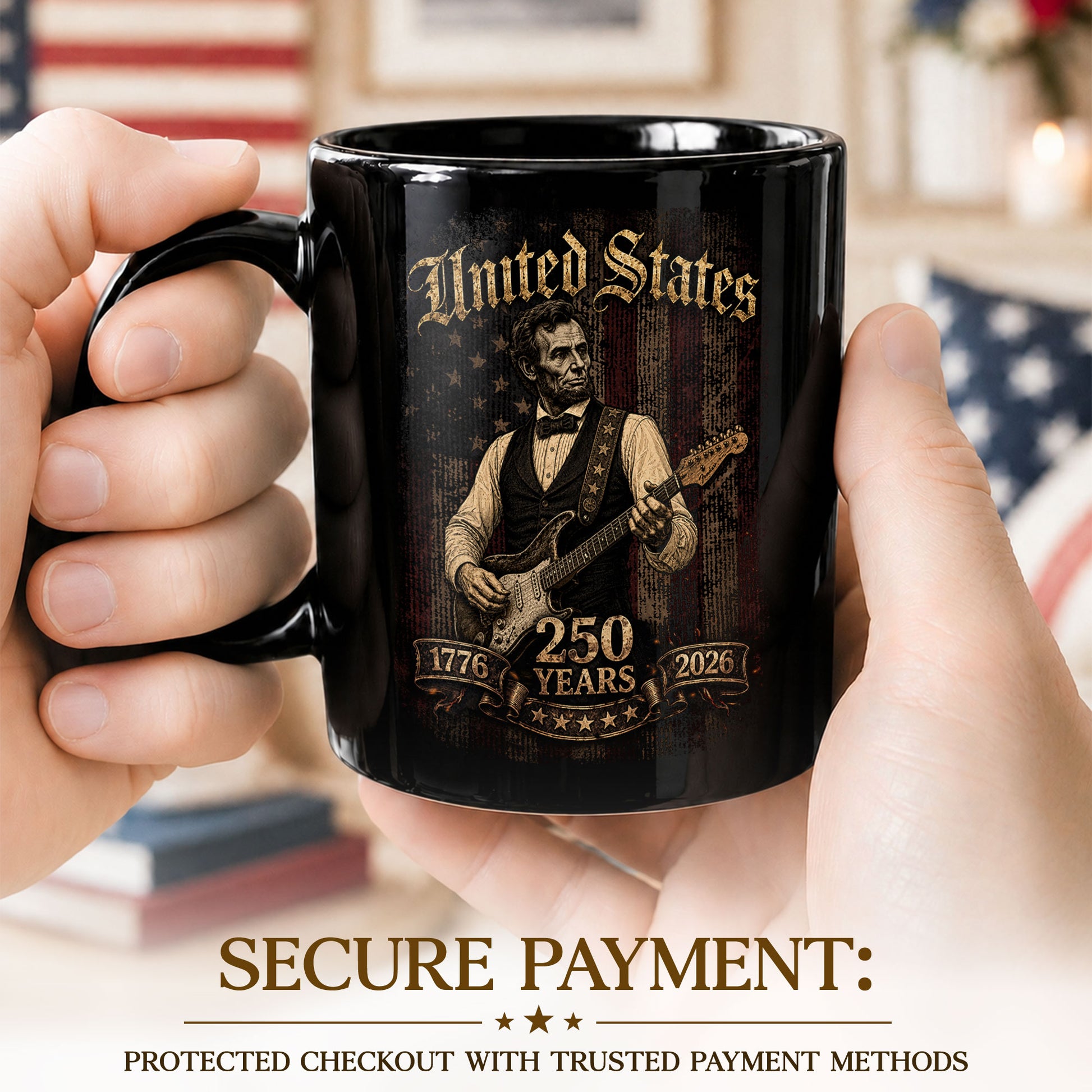 Abraham Lincoln Guitar Mug - Vintage 250 Years 1776-2026 Patriotic US Rock Music Gift - Rust Field Wear