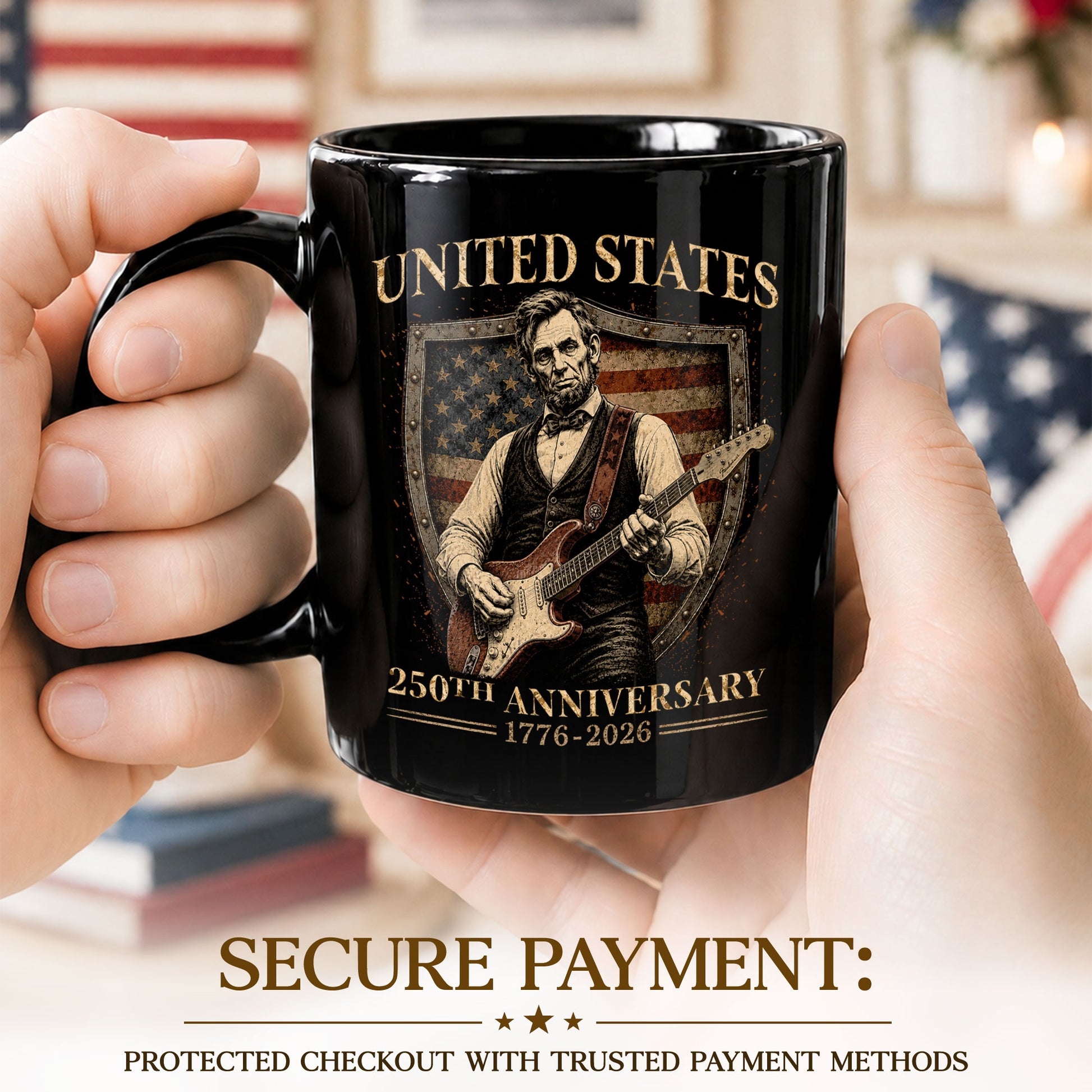 United States 250th Anniversary Mug Abraham Lincoln Guitar Shield 1776 2026 - Rust Field Wear