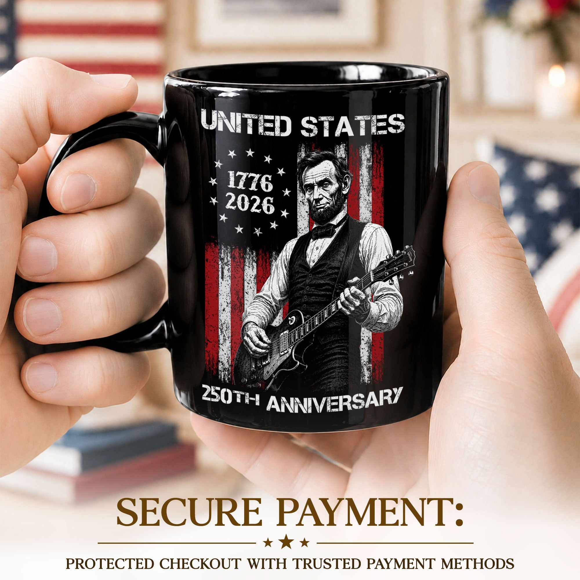 United States 250th Anniversary Mug Abraham Lincoln Guitar US Flag 1776 2026 - Rust Field Wear
