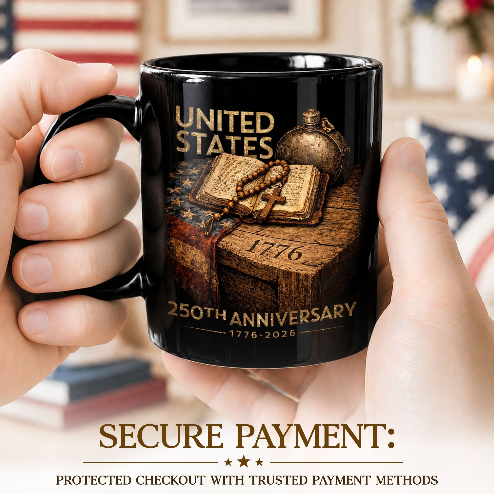 1776 2026 Mug 250th Anniversary United States Patriotic Bible Cross Ceramic - Rust Field Wear