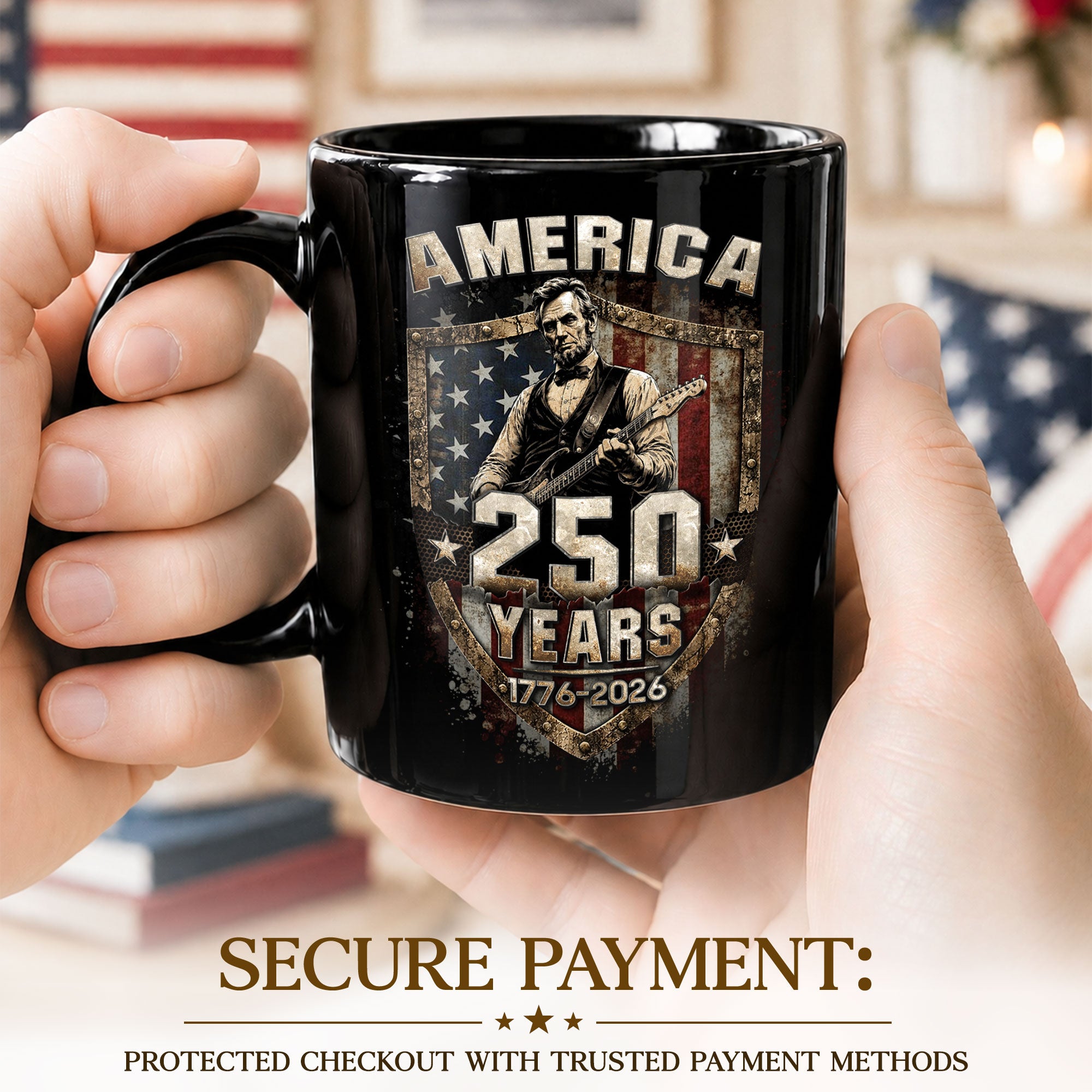 Patriotic Lincoln Guitar Ceramic Mug - Vintage Flag Graphic Beverage Cup for Fans