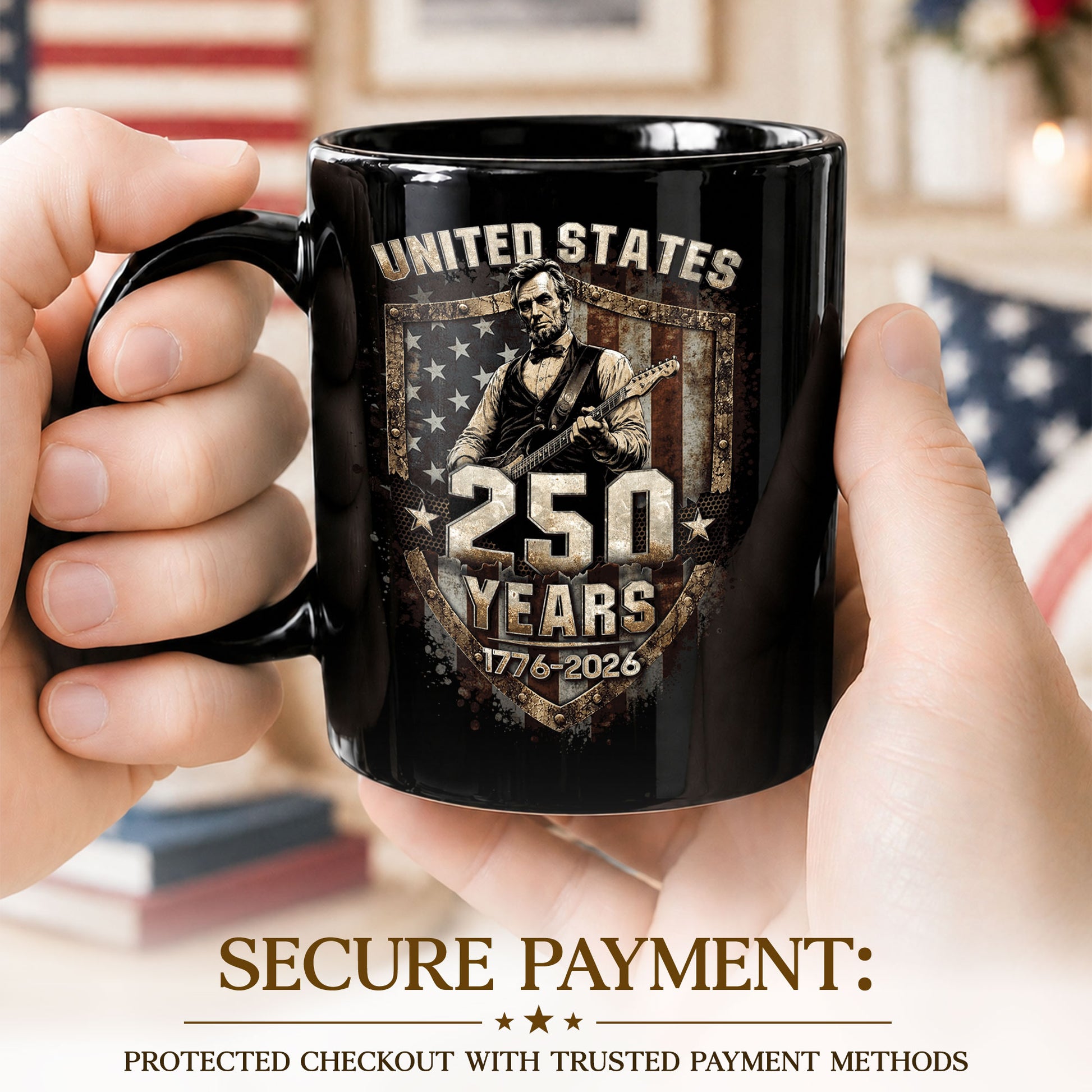 Patriotic Lincoln Guitar Ceramic Mug - Vintage Flag Graphic Beverage Cup for Fans - Rust Field Wear