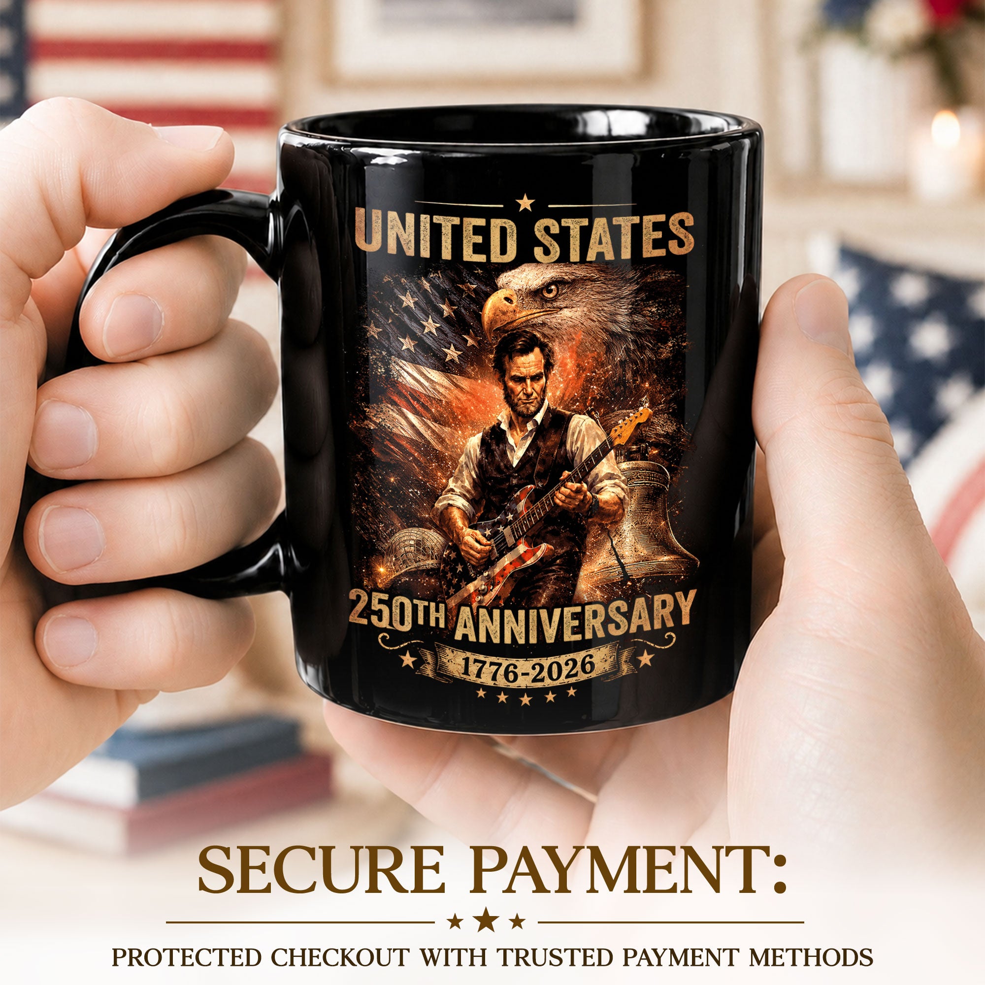 Patriotic Lincoln Guitar Ceramic Mug - Eagle Flag 1776-2026 Anniversary Beverage Cup