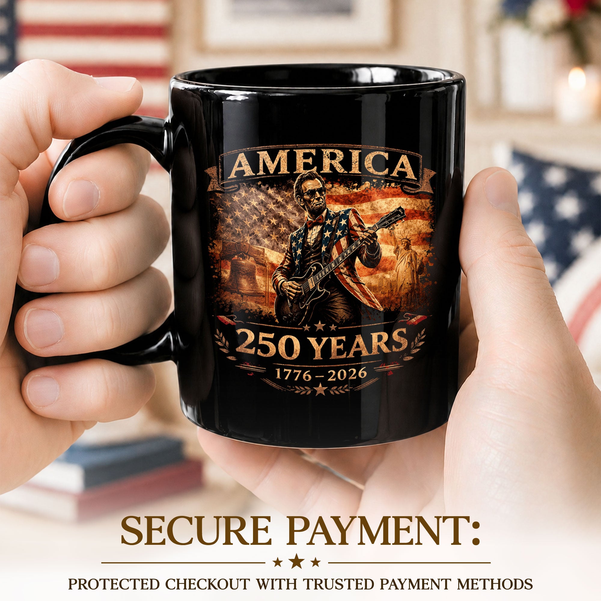 Lincoln Guitar Ceramic Mug - Patriotic Statue Liberty Flag Vintage Beverage Cup
