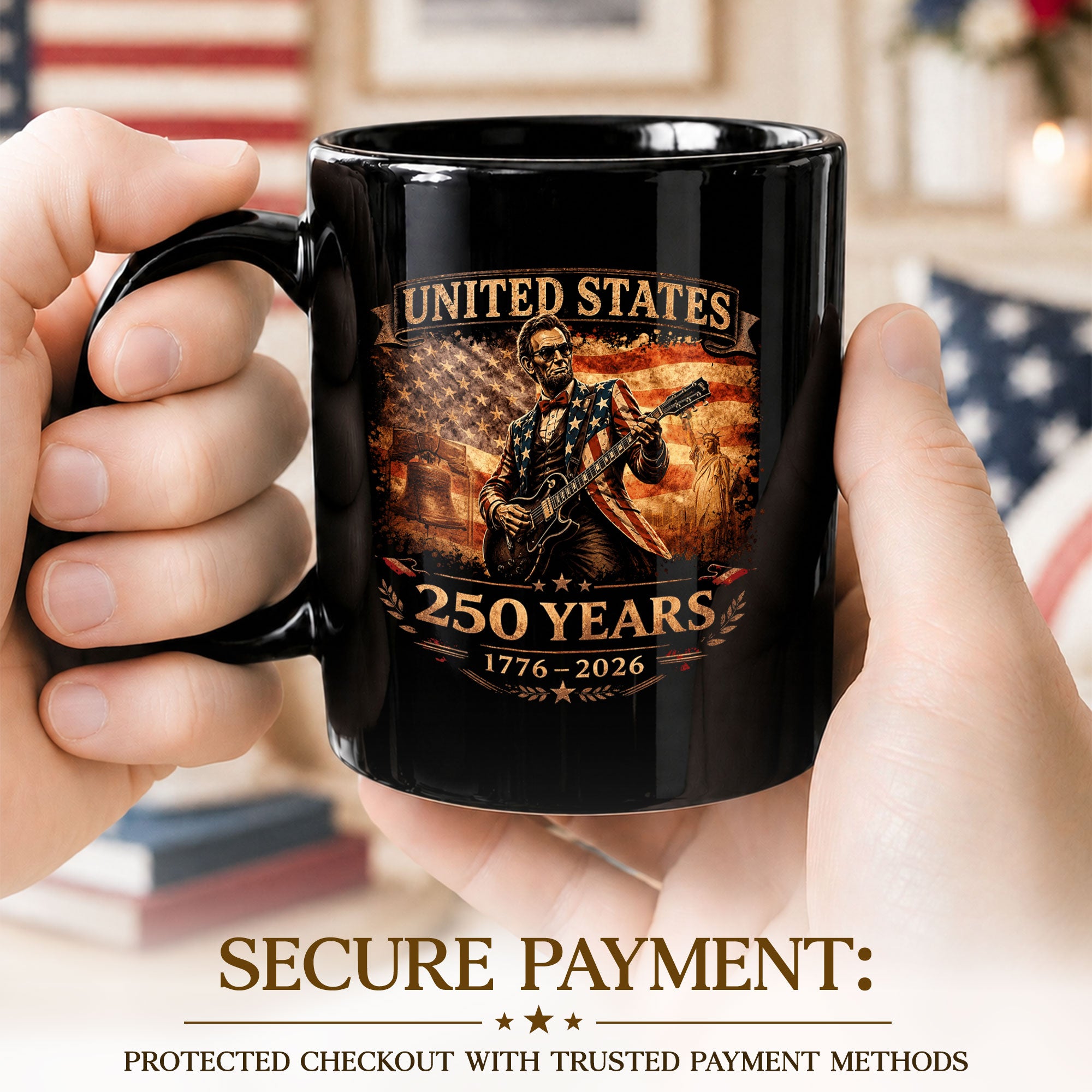 Lincoln Guitar Ceramic Mug - Patriotic Statue Liberty Flag Vintage Beverage Cup - Rust Field Wear