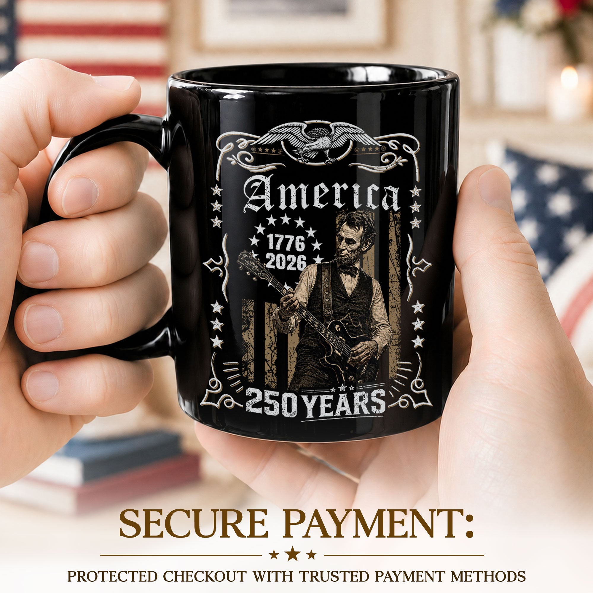 Historic Lincoln Guitar Ceramic Mug - Patriotic Eagle Flag Anniversary Beverage Cup