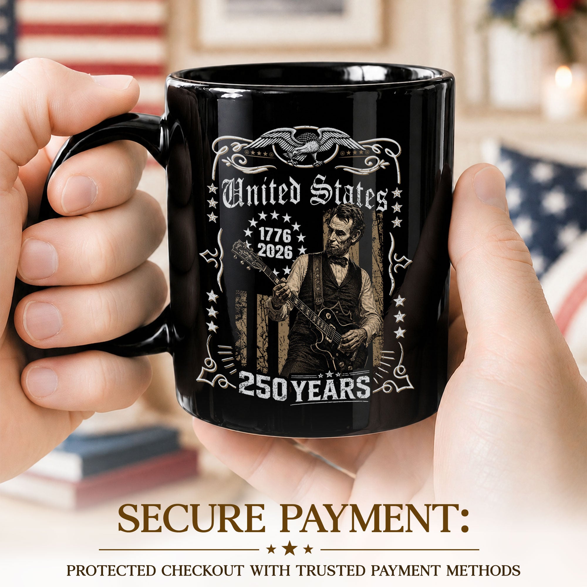 Historic Lincoln Guitar Ceramic Mug - Patriotic Eagle Flag Anniversary Beverage Cup - Rust Field Wear
