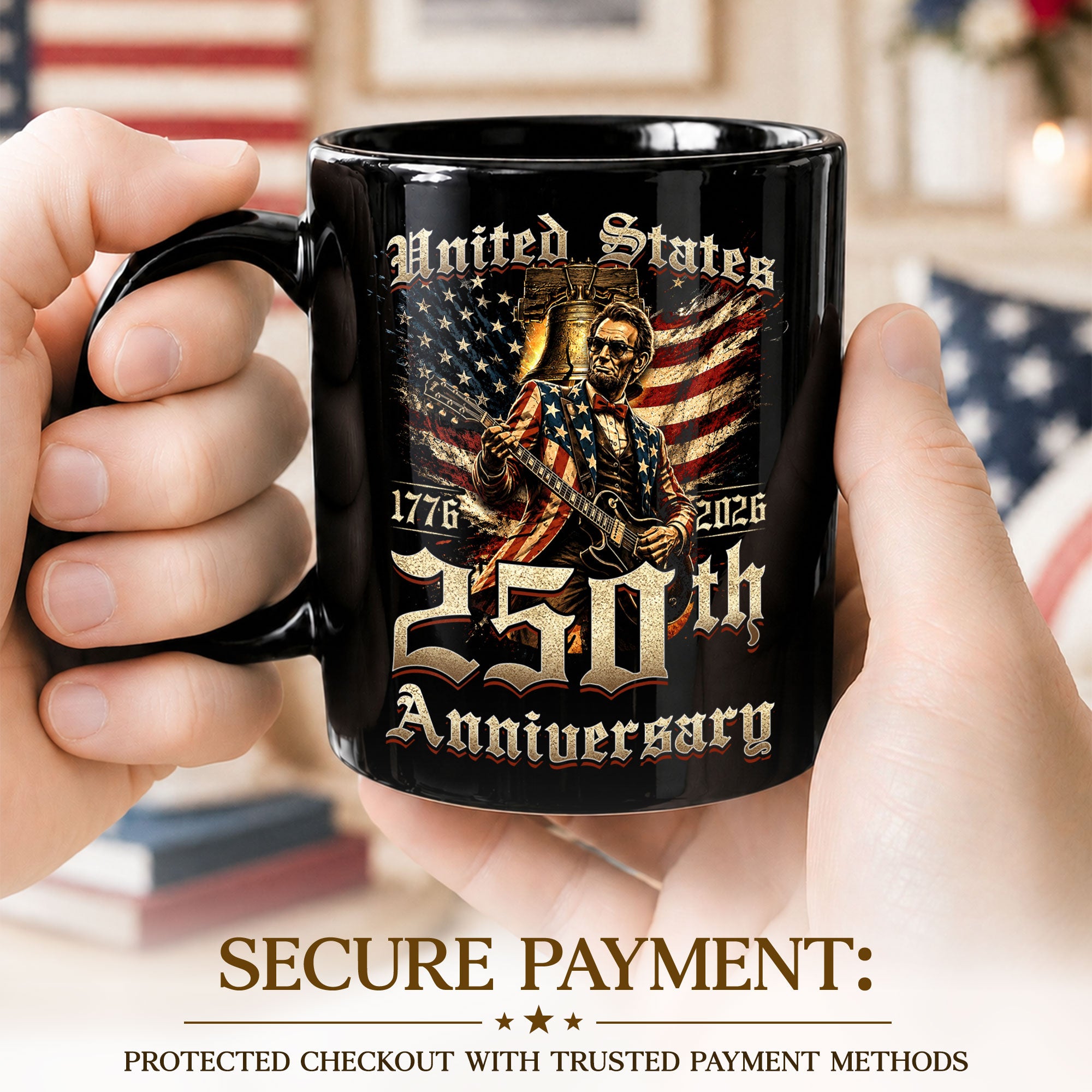 250th Anniversary Mug 1776-2026 Patriotic US Flag Abraham Lincoln Rock Guitar Gift