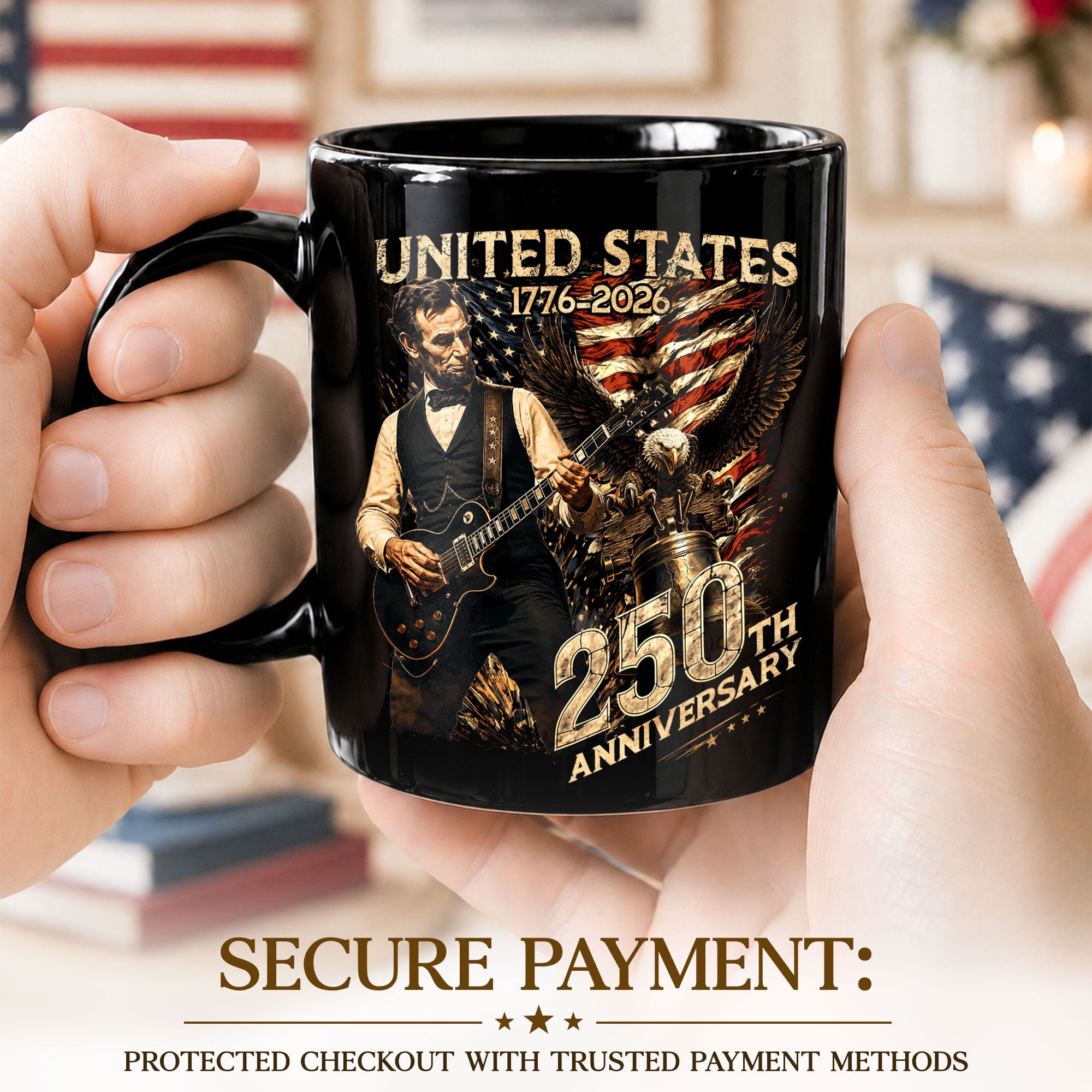 US 250th Anniversary Mug 1776-2026 Vintage United States Lincoln Guitar Bald Eagle Bell