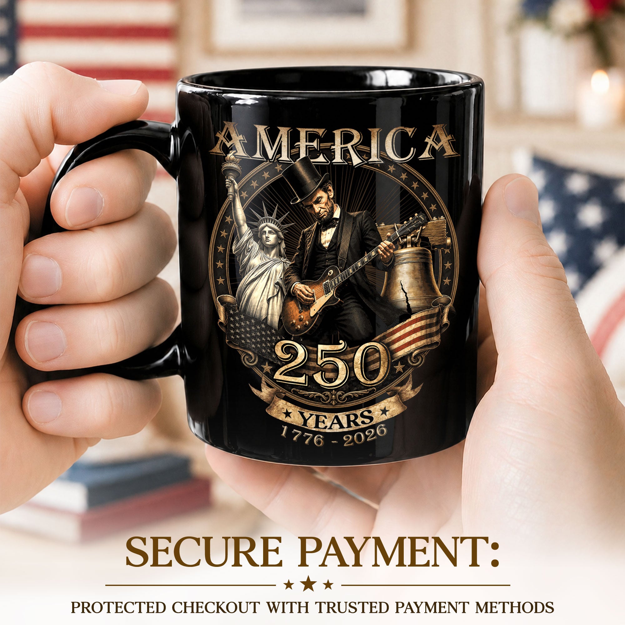 Patriotic Mug 250 Years 1776-2026 United States Statue Of Liberty Lincoln Rock Guitar