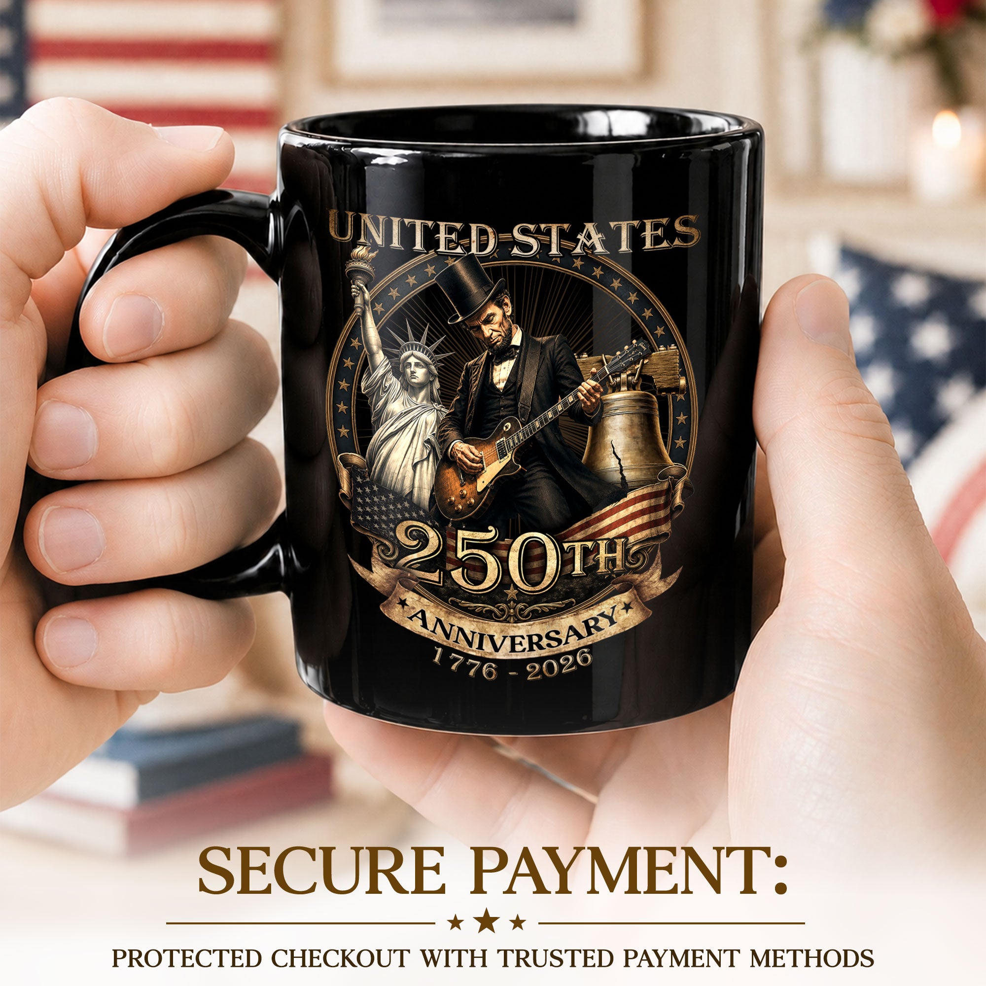 Patriotic Mug 250 Years 1776-2026 United States Statue Of Liberty Lincoln Rock Guitar - Rust Field Wear