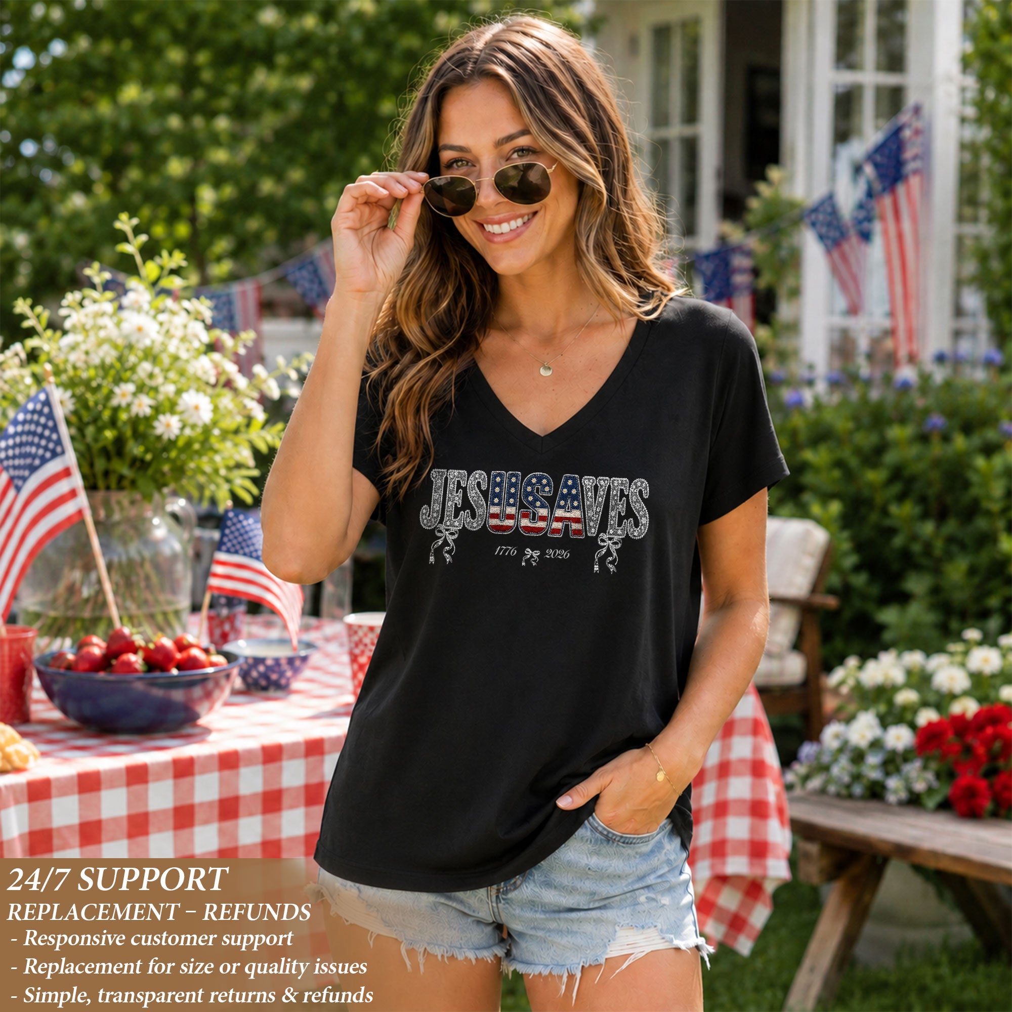 Jesus Saves Patriotic V-Neck Tee - 1776-2026 American Faith & Freedom Graphic Cotton Shirt