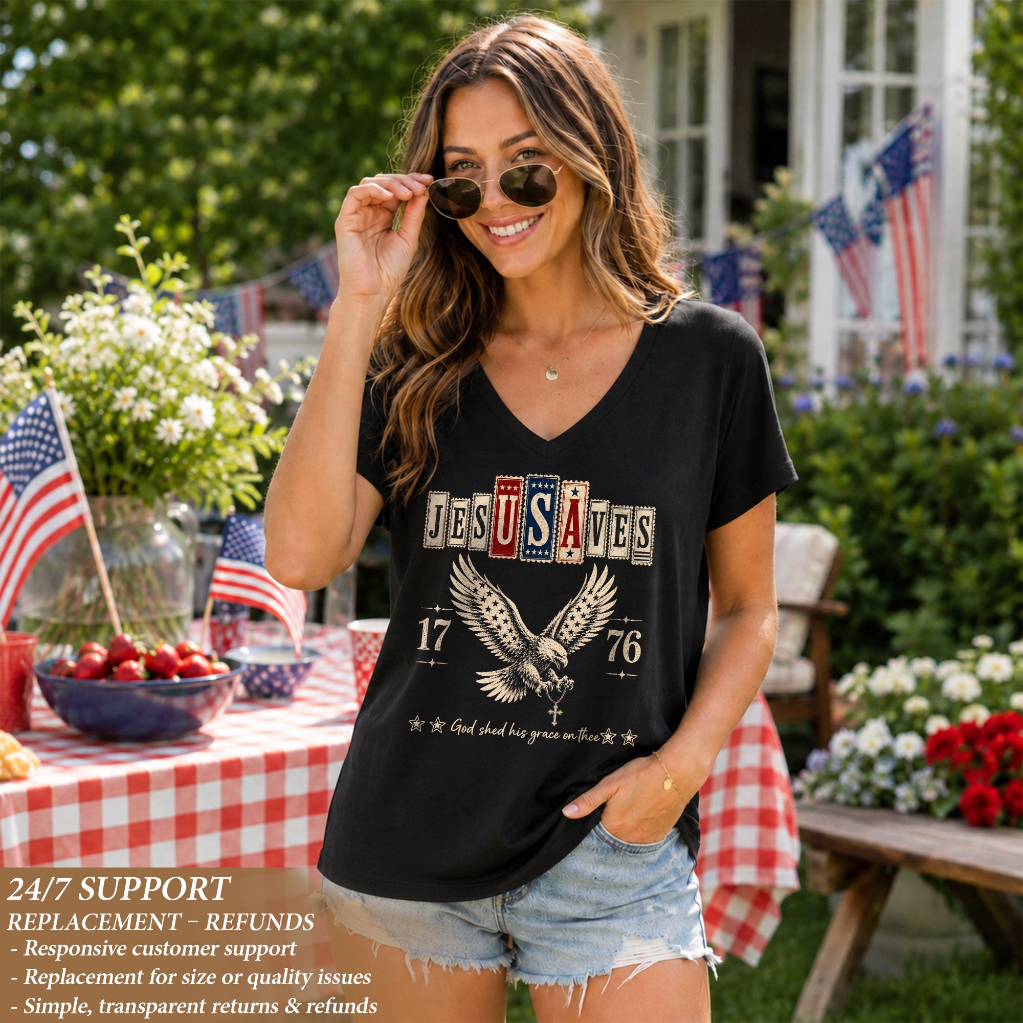 Jesus Saves Patriotic V-Neck Tee - Eagle & Cross 1776 American Heritage Graphic Cotton Shirt
