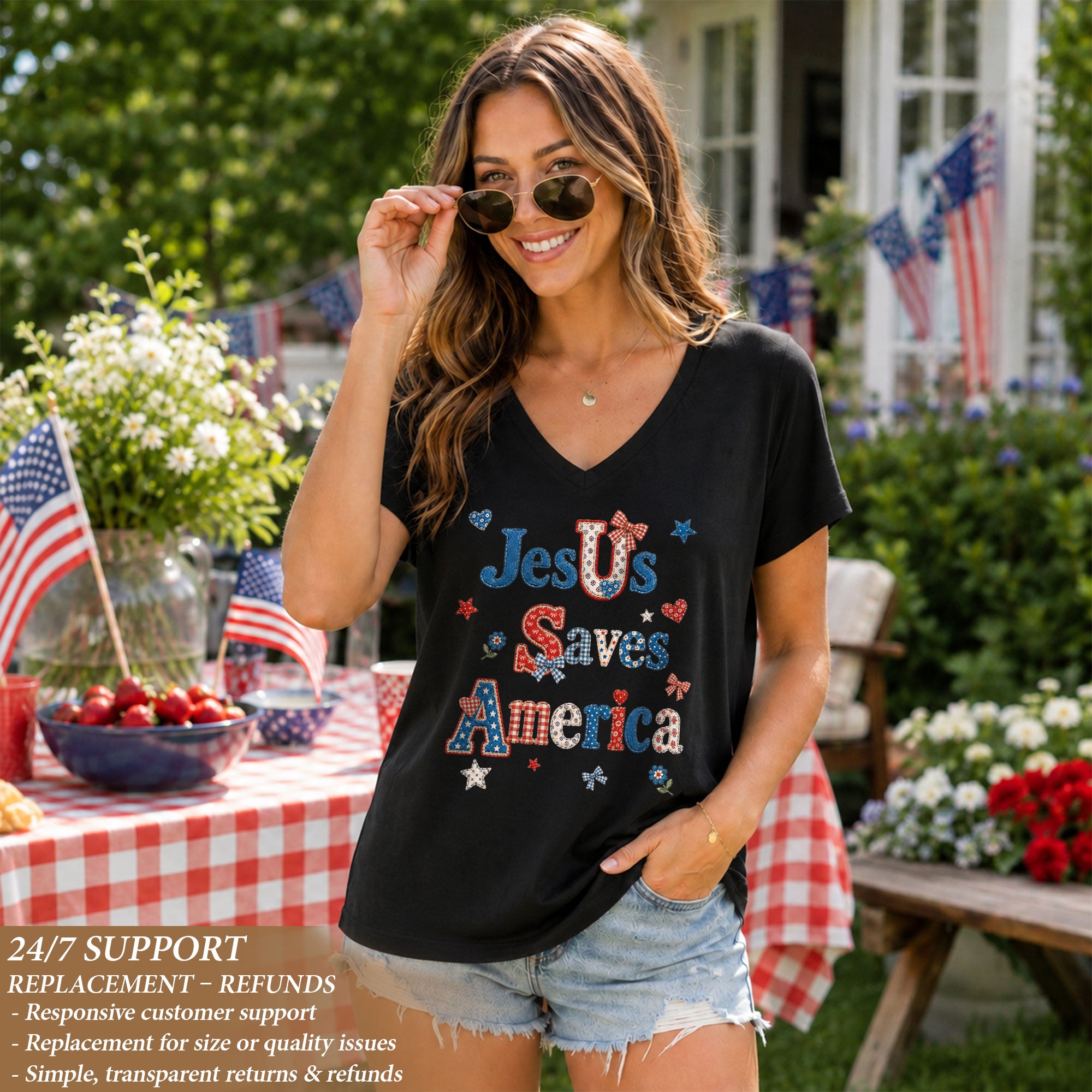 Jesus Saves America V-Neck Tee - Patriotic Patchwork Graphic Heritage 1776-2026 Cotton Shirt