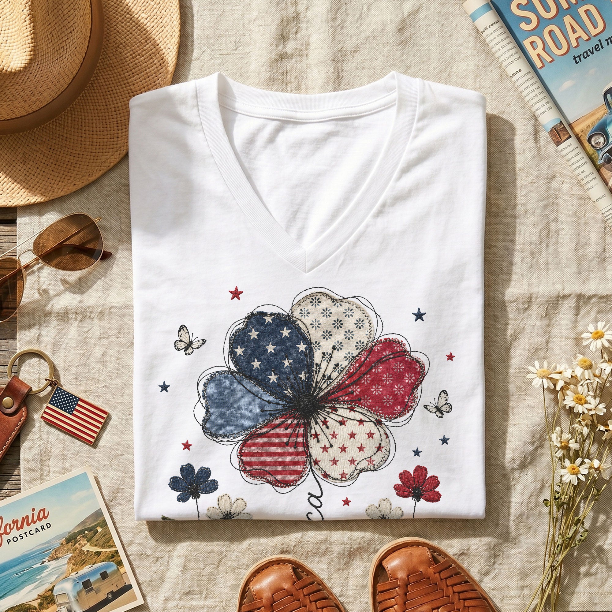 Patriotic V-Neck T-Shirt – Vintage Floral 1776-2026 Anniversary Graphic Tee for Women - Rust Field Wear