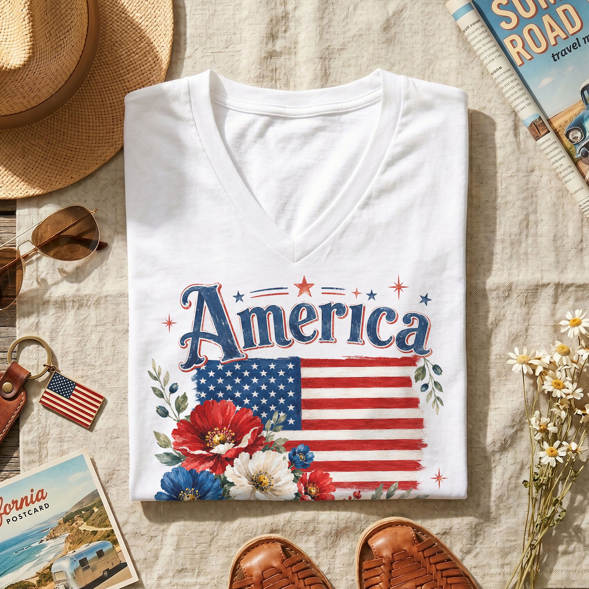 250 Years Since 1776 V-Neck T-Shirt – God Shed His Grace on Thee Patriotic Graphic - Rust Field Wear