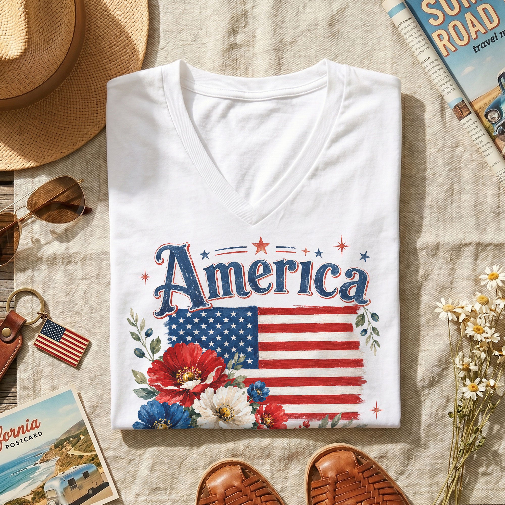 250 Years Since 1776 V-Neck T-Shirt – God Shed His Grace on Thee Patriotic Graphic - Rust Field Wear