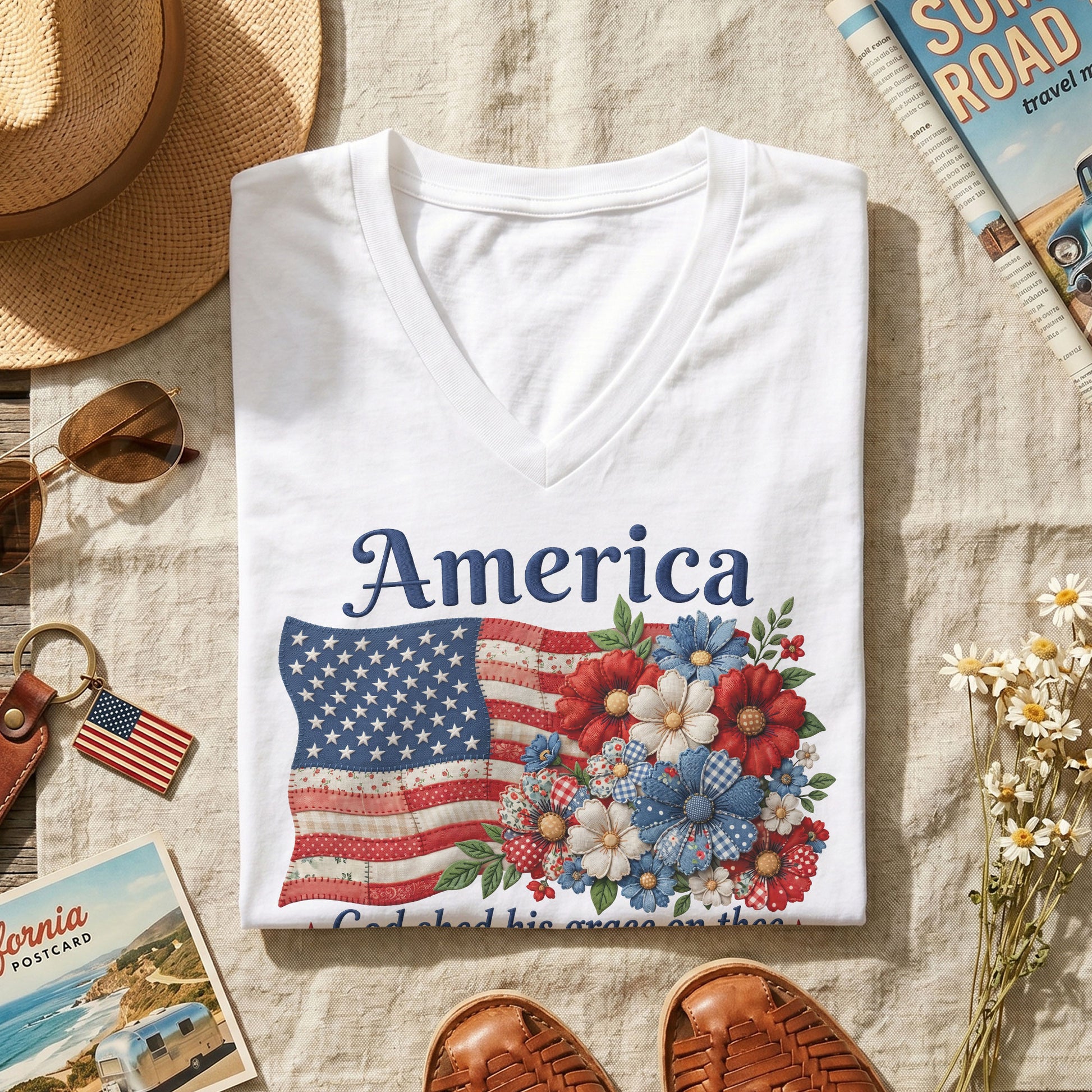 Patriotic Floral V-Neck T-Shirt – 250 Years Since 1776 God Shed His Grace on Thee - Rust Field Wear