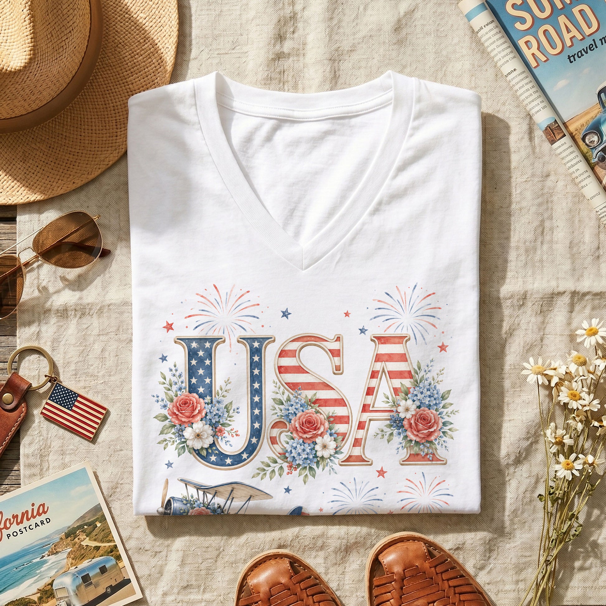 Floral USA 250 Years of Freedom V-Neck Tee – Patriotic Women's Anniversary Graphic - Rust Field Wear