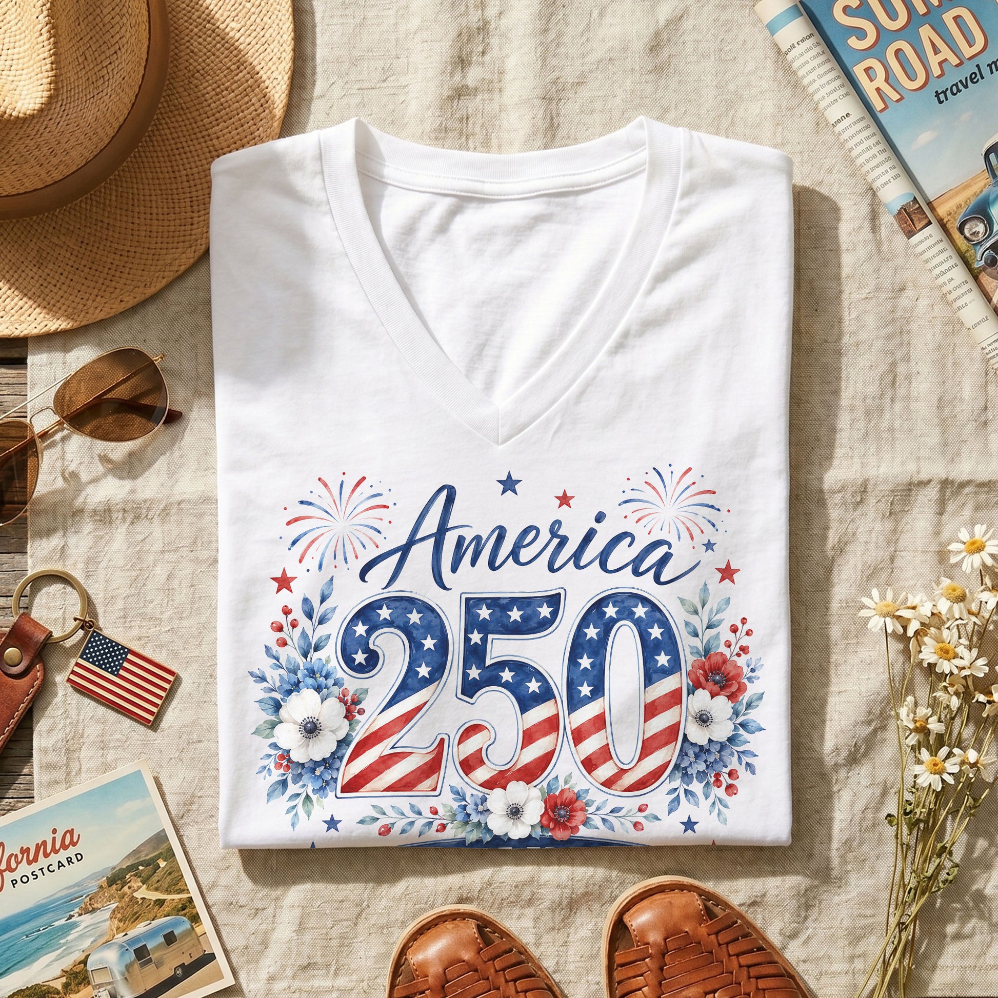 1776-2026 Floral V-Neck T-Shirt – Patriotic Years of Freedom Anniversary Tee - Rust Field Wear