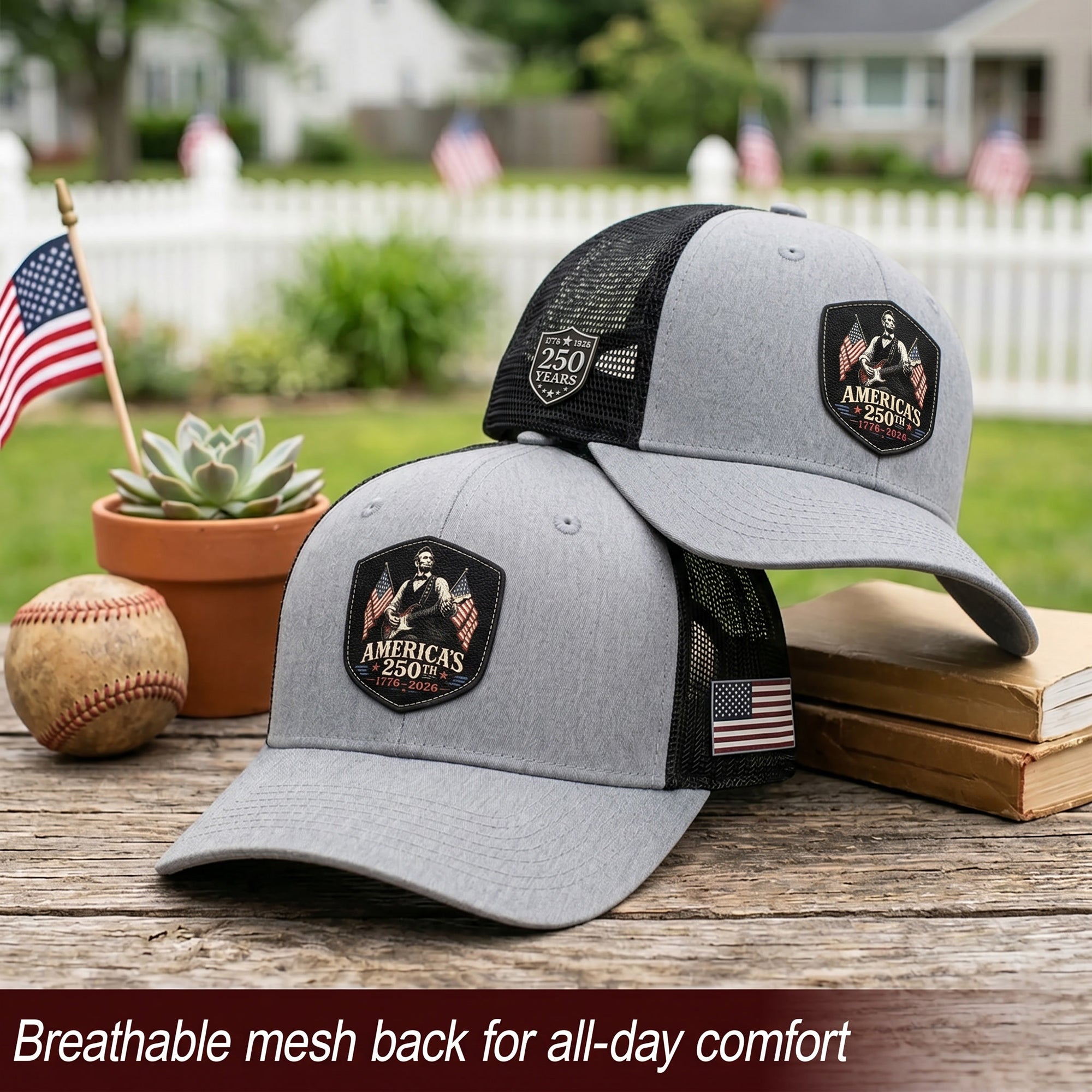 Leather Patch Hat Abraham Lincoln Guitar Flag Cap Patriotic 1776-2026 Anniversary Gift