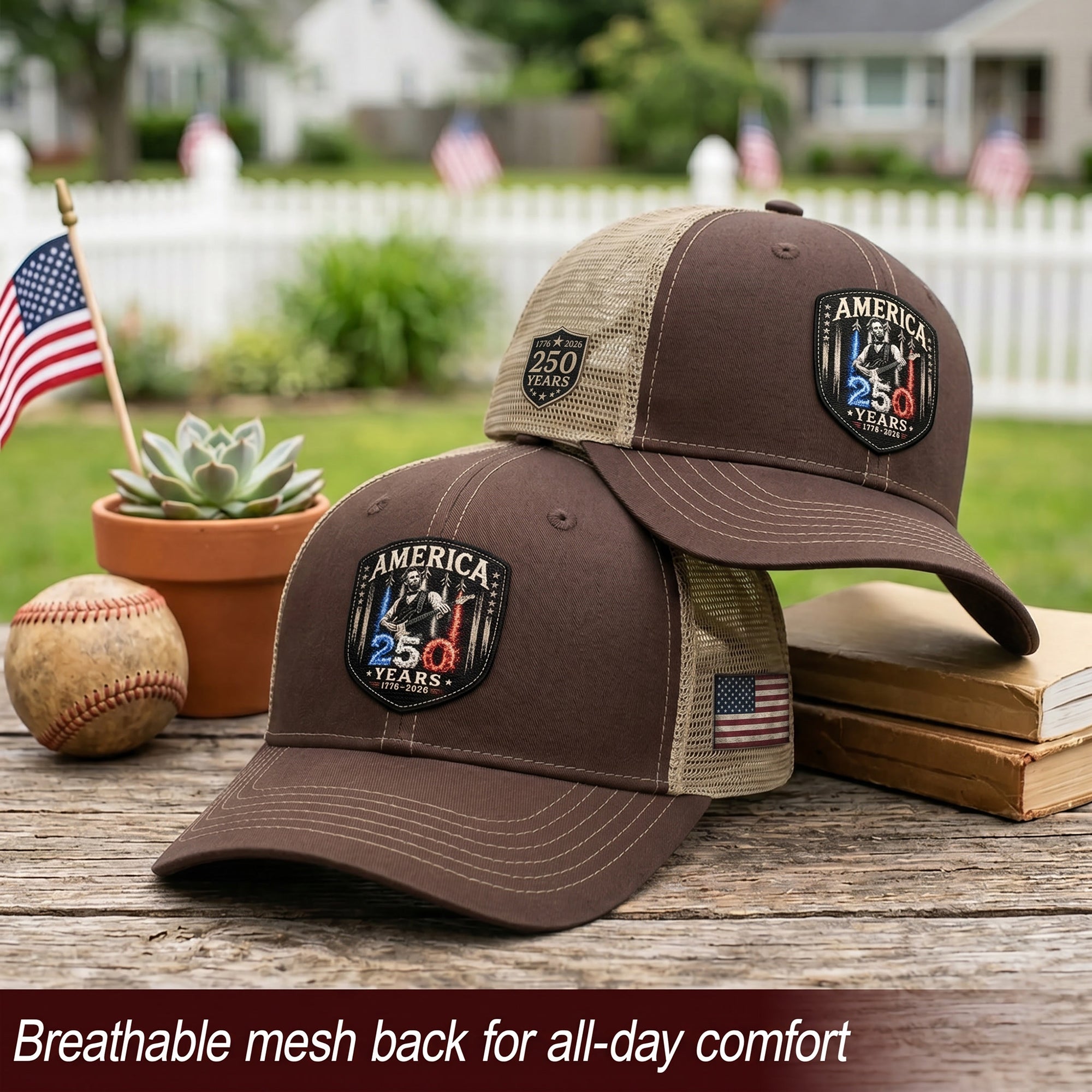 Leather Patch Hat Abraham Lincoln Guitar 1776-2026 Anniversary Cap Patriotic Brown Mesh