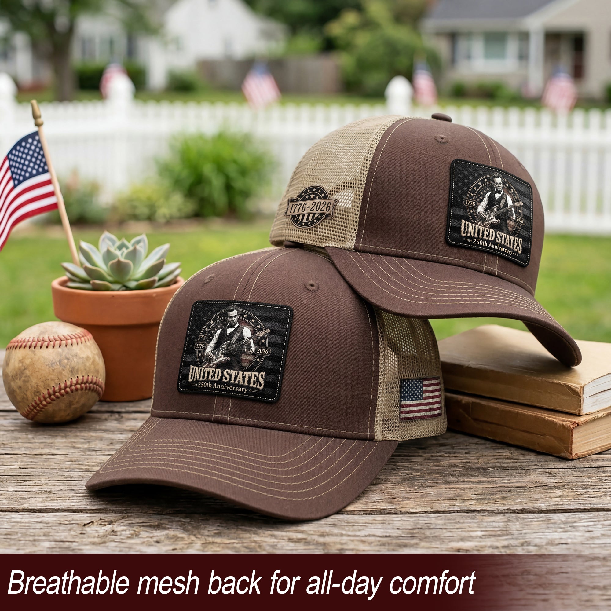 Brown Mesh Cap Abraham Lincoln Guitar 1776-2026 Anniversary Leather Patch Patriotic Hat - Rust Field Wear