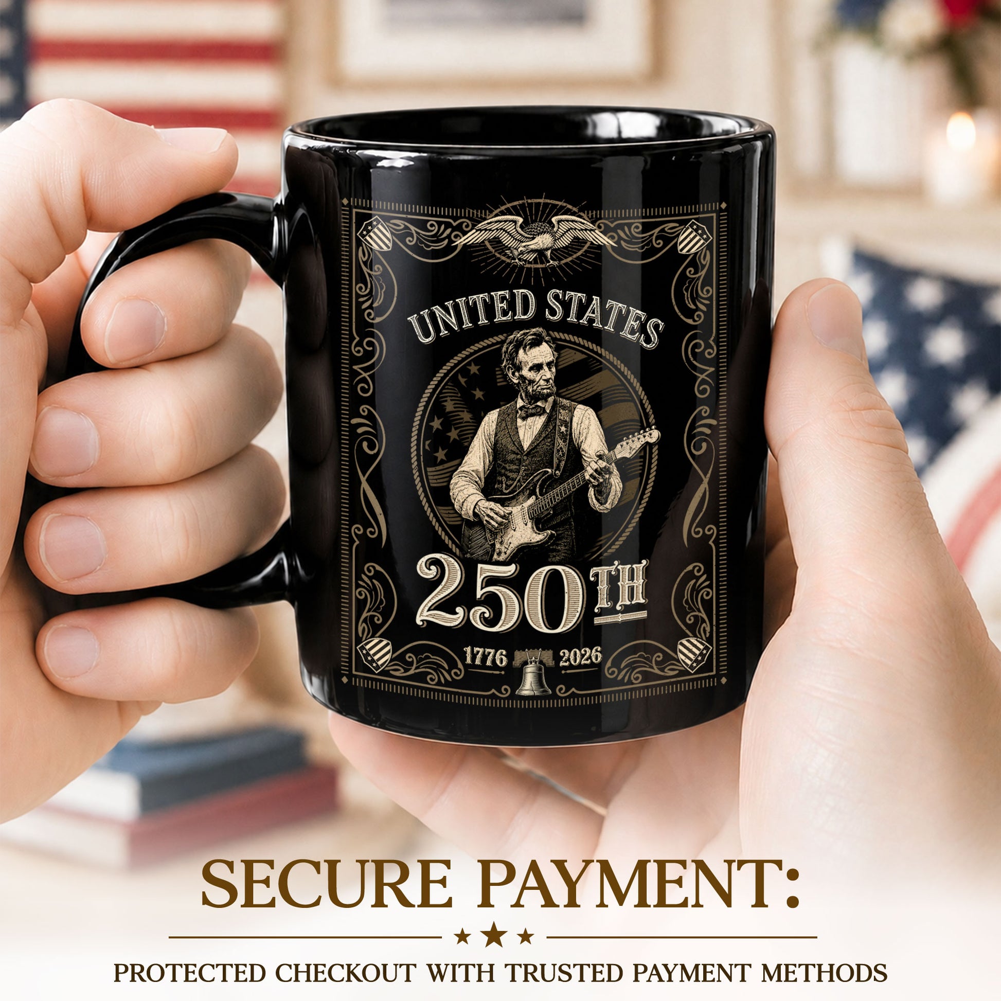 America's 250th Anniversary 1776-2026 Abraham Lincoln Guitar Patriotic Mug - Rust Field Wear