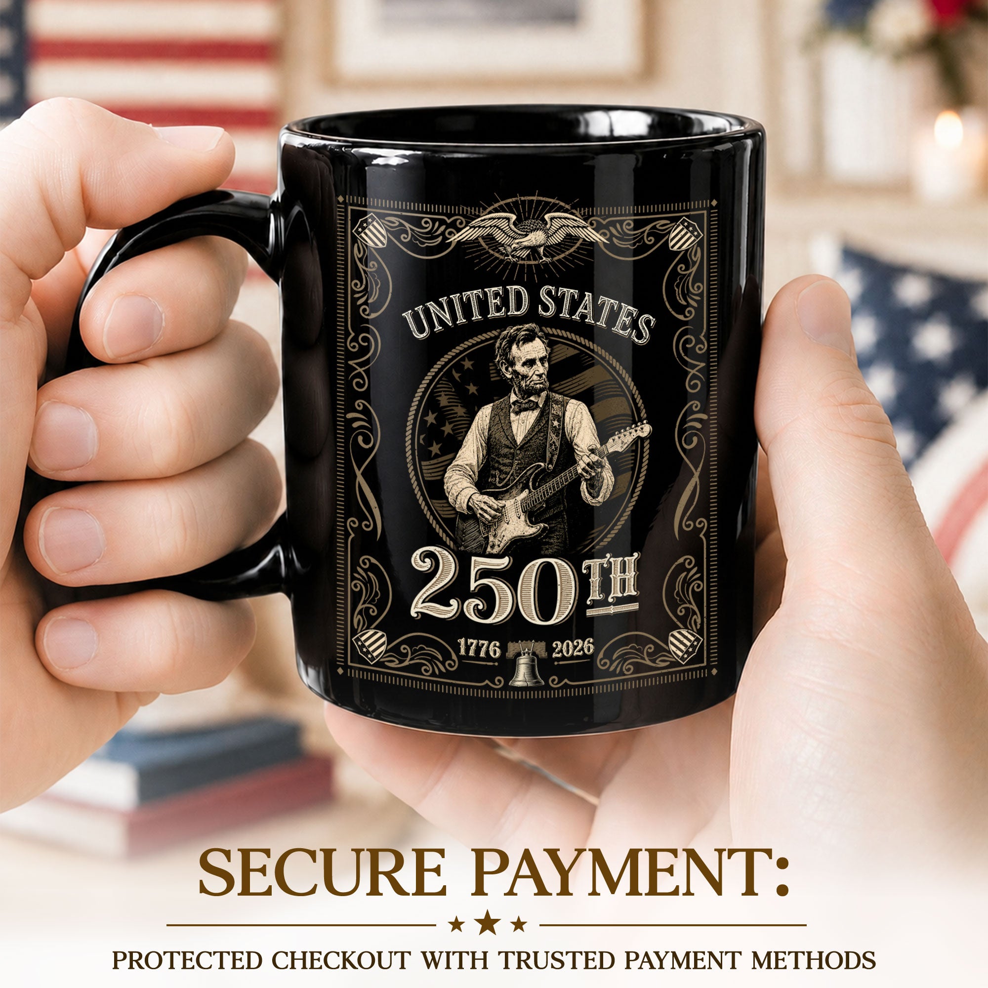 America's 250th Anniversary 1776-2026 Abraham Lincoln Guitar Patriotic Mug - Rust Field Wear