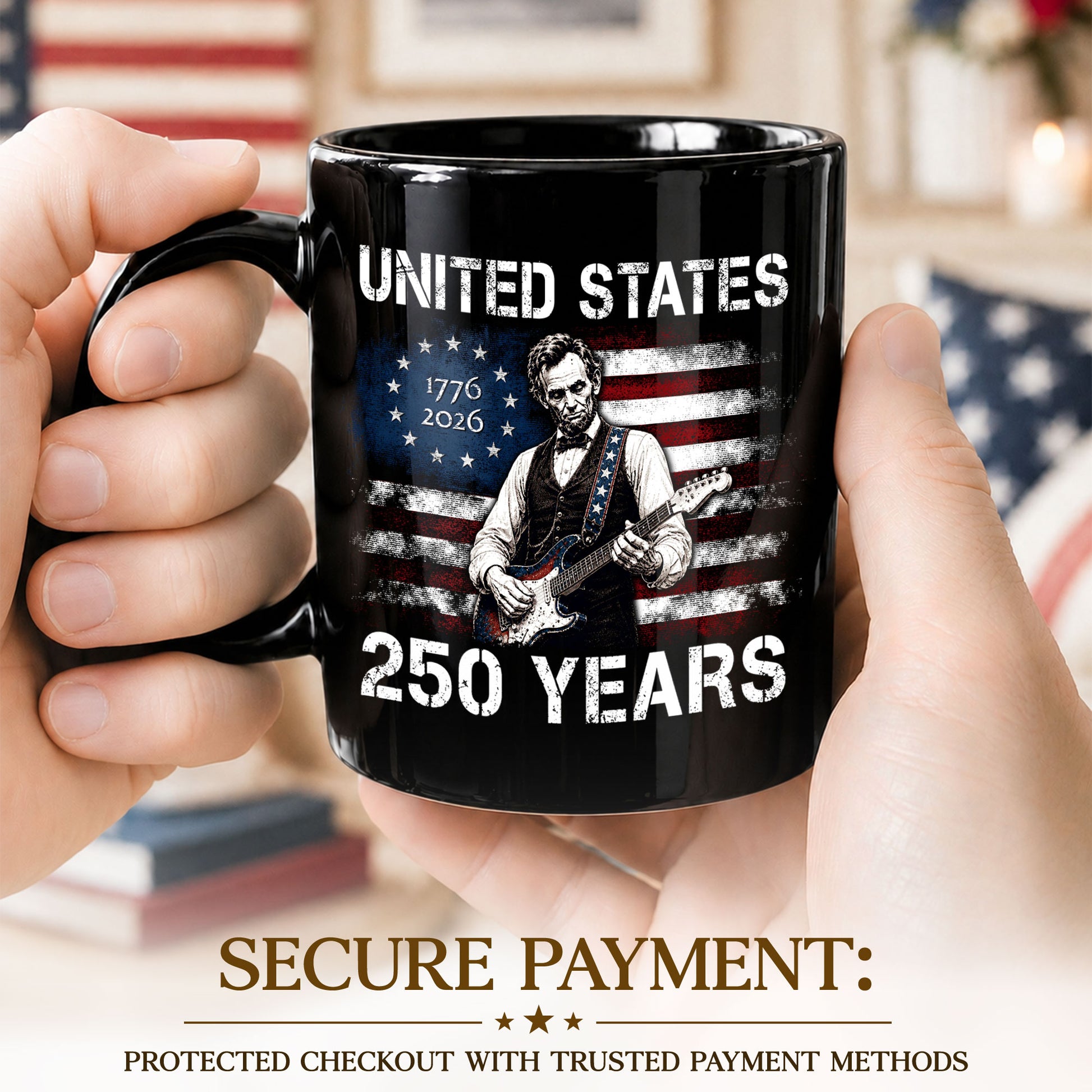 Abraham Lincoln Guitar 1776-2026 Anniversary Mug - Patriotic Drinkware for History Fans - Rust Field Wear