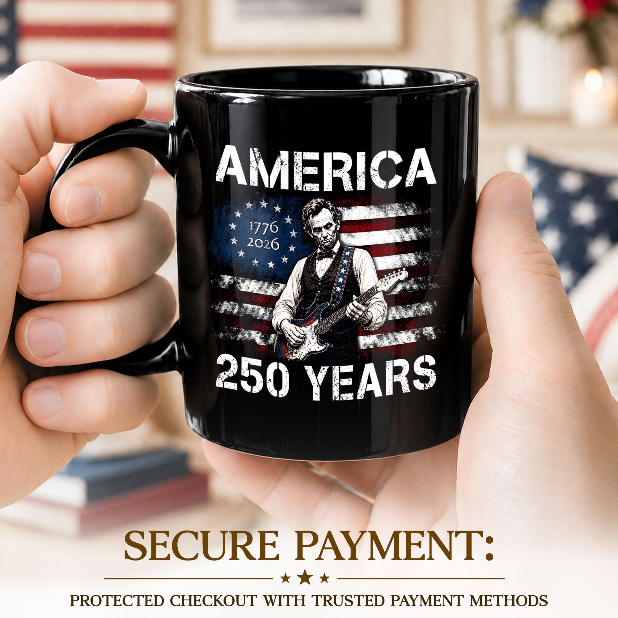 Mug: America 250 Years 1776-2026 Abraham Lincoln Guitar Patriotic Anniversary Gift