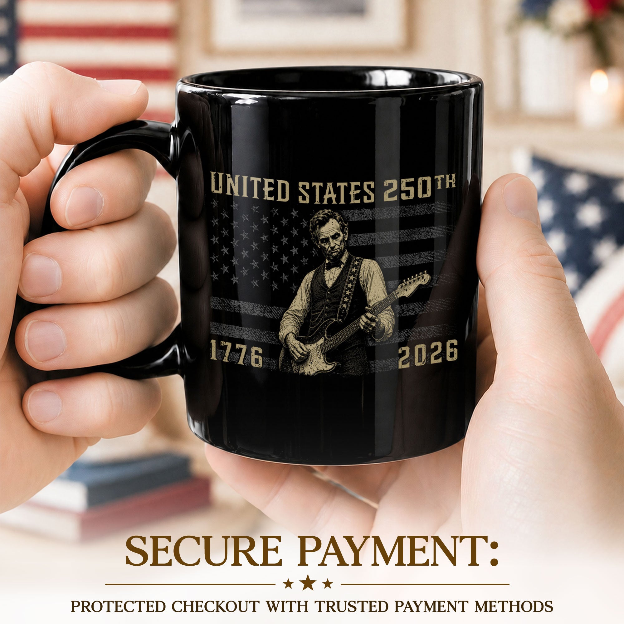 America 250th Anniversary 1776-2026 Abraham Lincoln Guitar Patriotic Mug Keepsake - Rust Field Wear