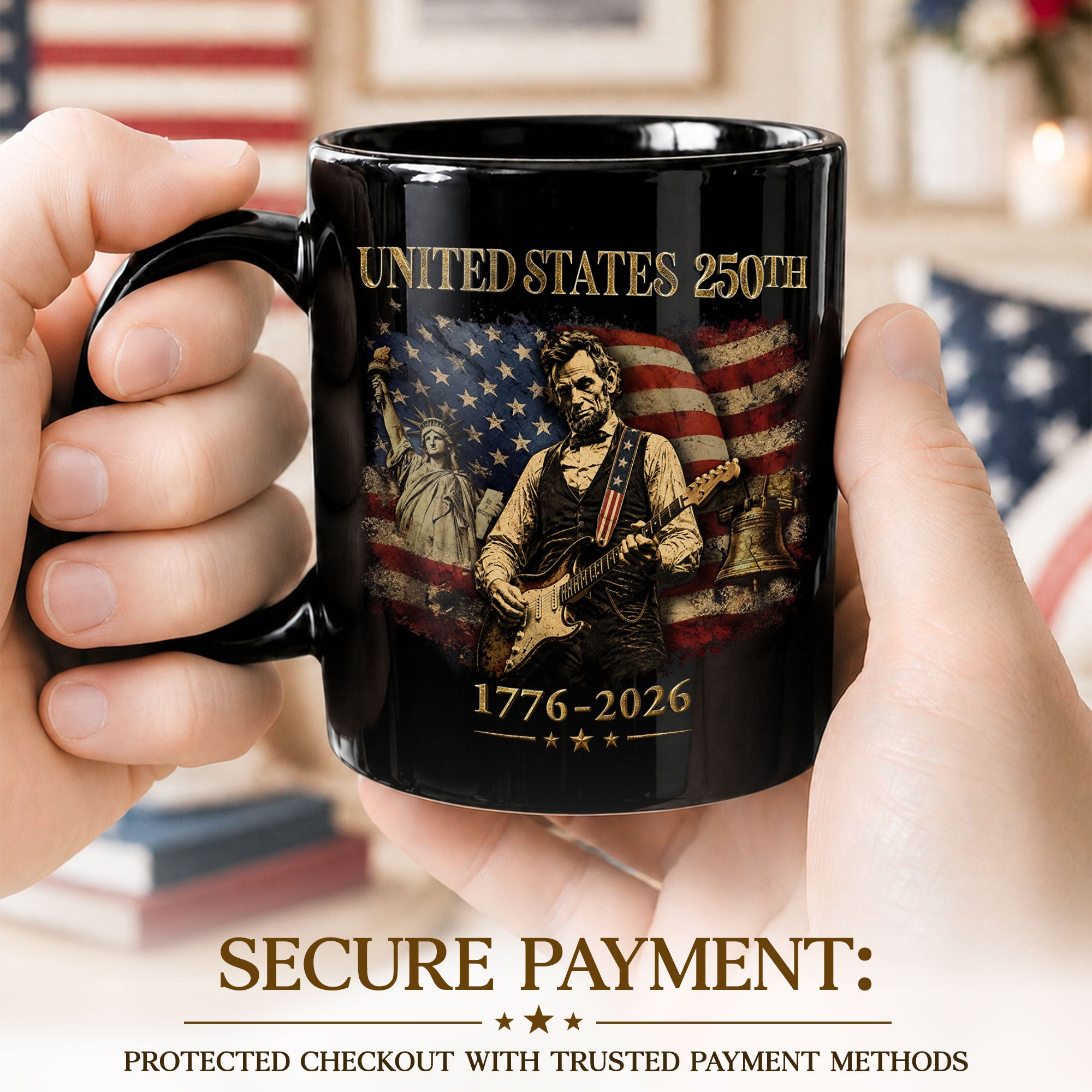 Historic USA 250th Anniversary 1776-2026 Lincoln Guitar Patriotic Symbols Mug Gift - Rust Field Wear