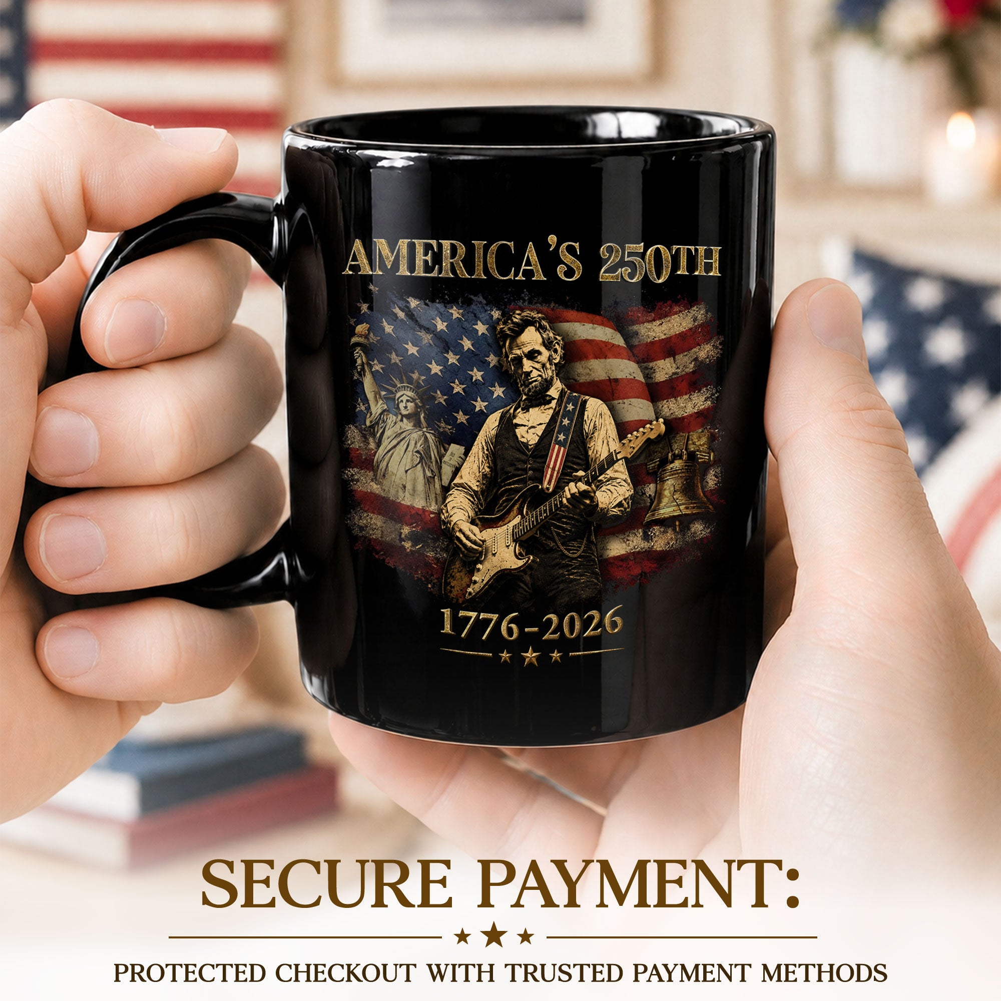 Historic USA 250th Anniversary 1776-2026 Lincoln Guitar Patriotic Symbols Mug Gift