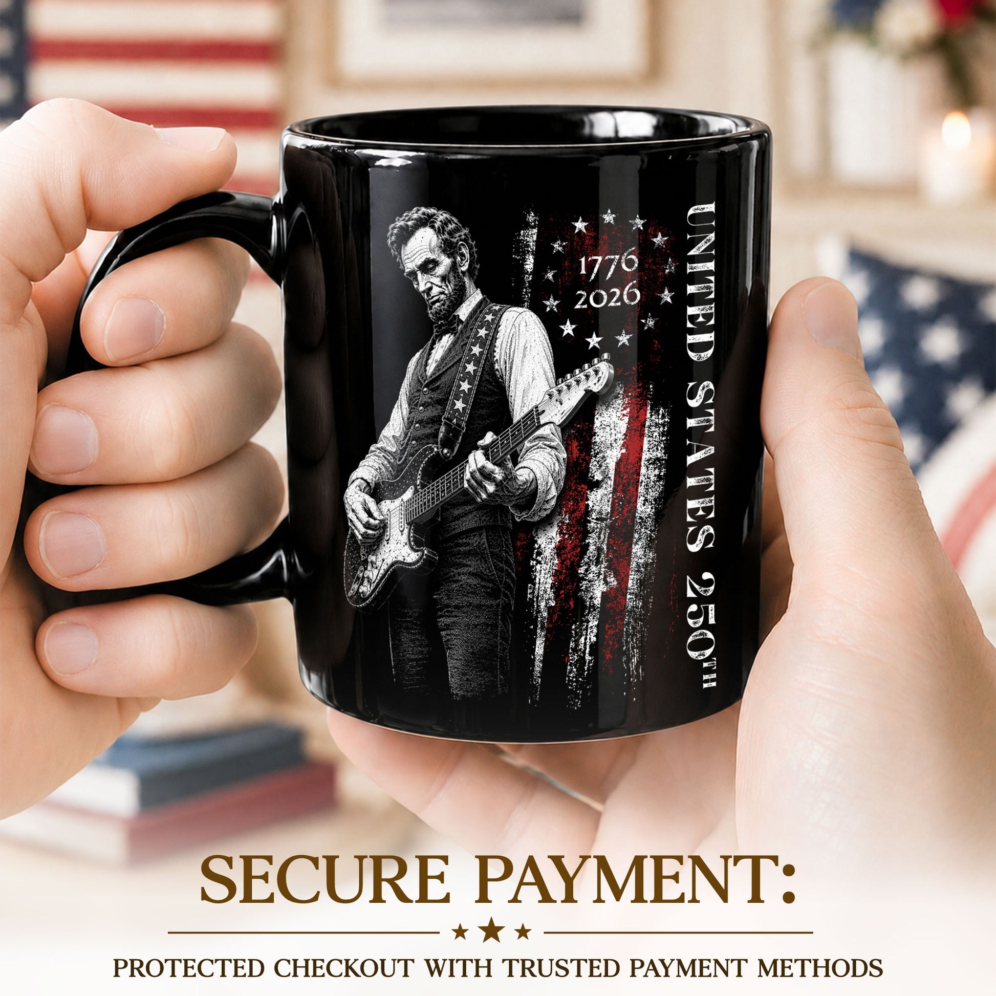 Abraham Lincoln Guitar Player America 250th Anniversary 1776-2026 Patriotic Art Mug - Rust Field Wear