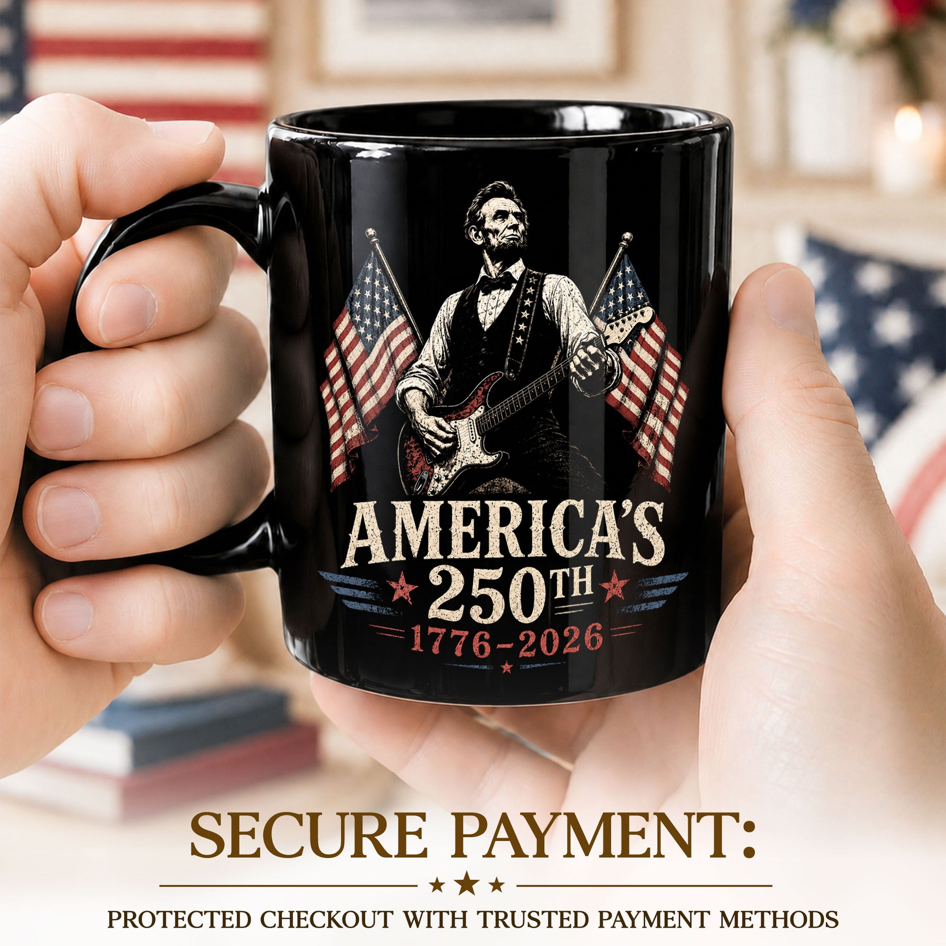 1776 2026 Mug 250th Abraham Lincoln Rock Guitar Patriotic American Ceramic Cup - Rust Field Wear