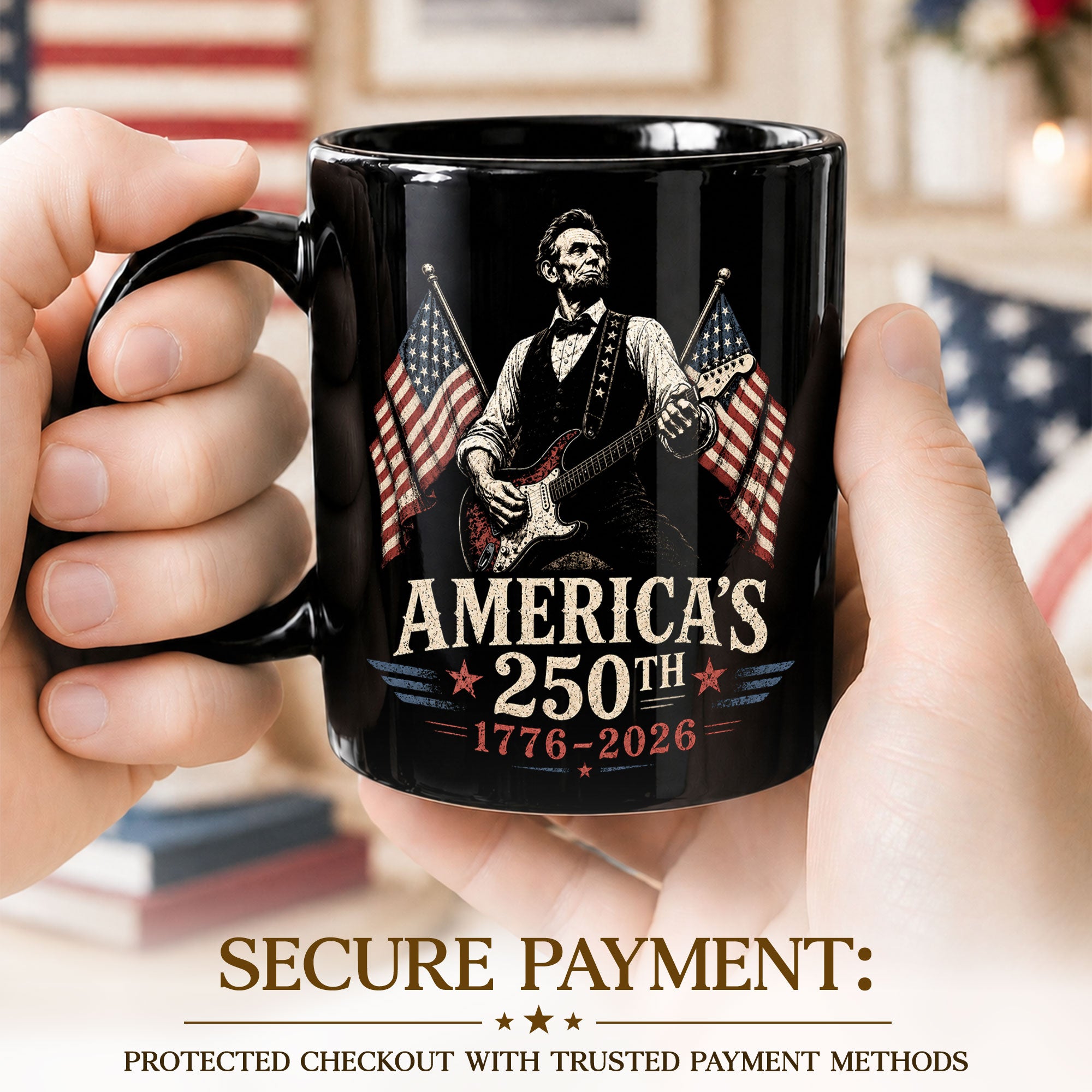 1776 2026 Mug 250th Abraham Lincoln Rock Guitar Patriotic American Ceramic Cup - Rust Field Wear