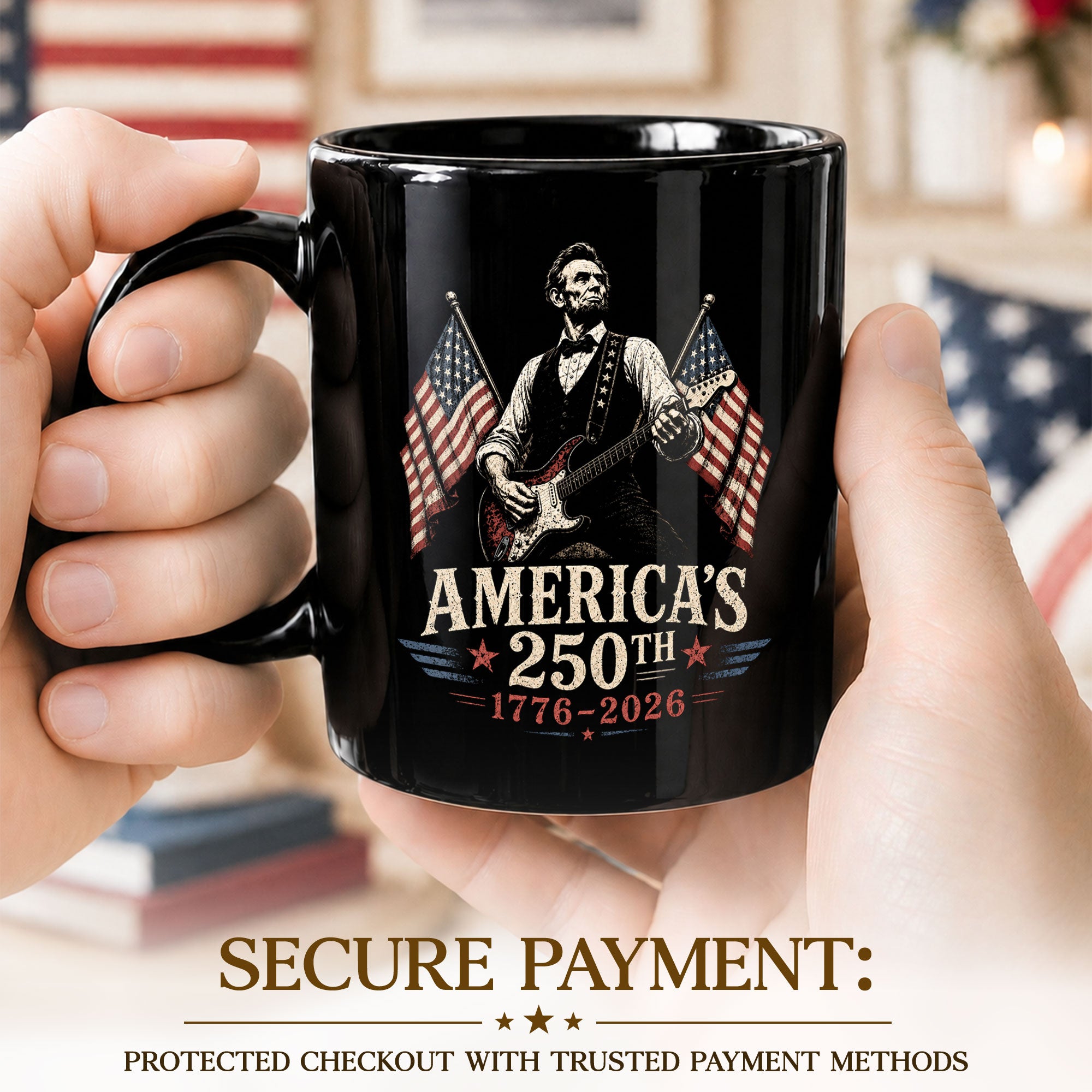 1776 2026 Mug 250th Abraham Lincoln Rock Guitar Patriotic American Ceramic Cup