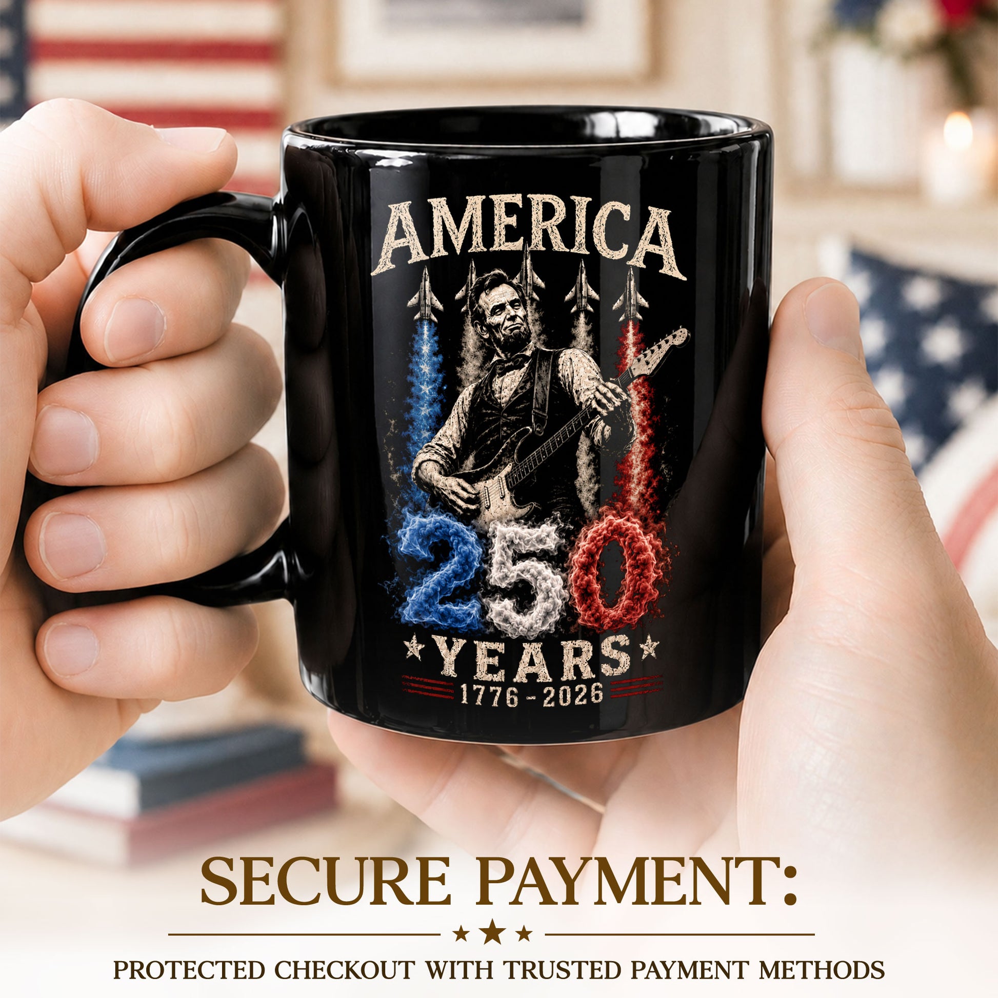 250 Years 1776 2026 Mug Abraham Lincoln Fighter Jet Patriotic American Ceramic Cup - Rust Field Wear