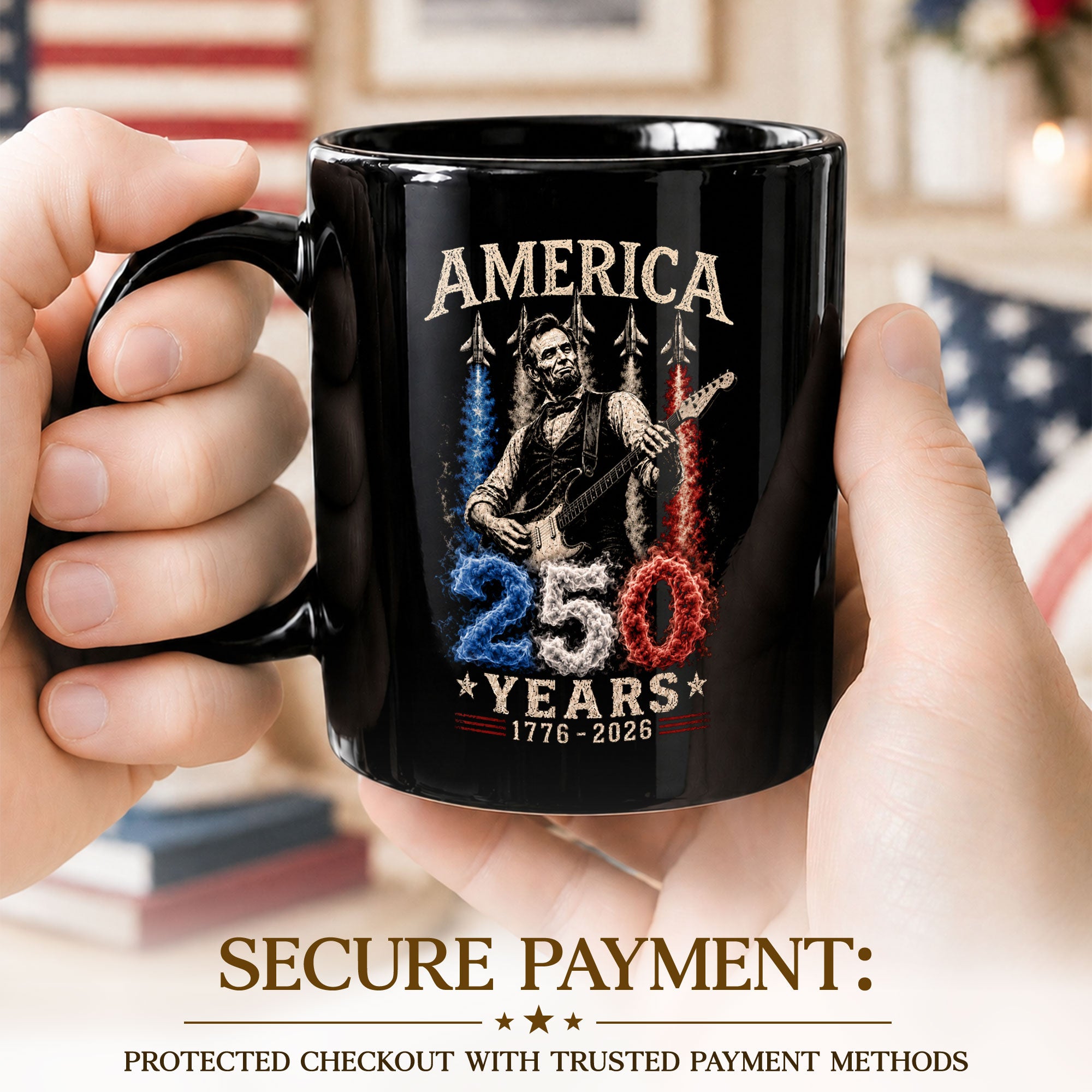 250 Years 1776 2026 Mug Abraham Lincoln Fighter Jet Patriotic American Ceramic Cup