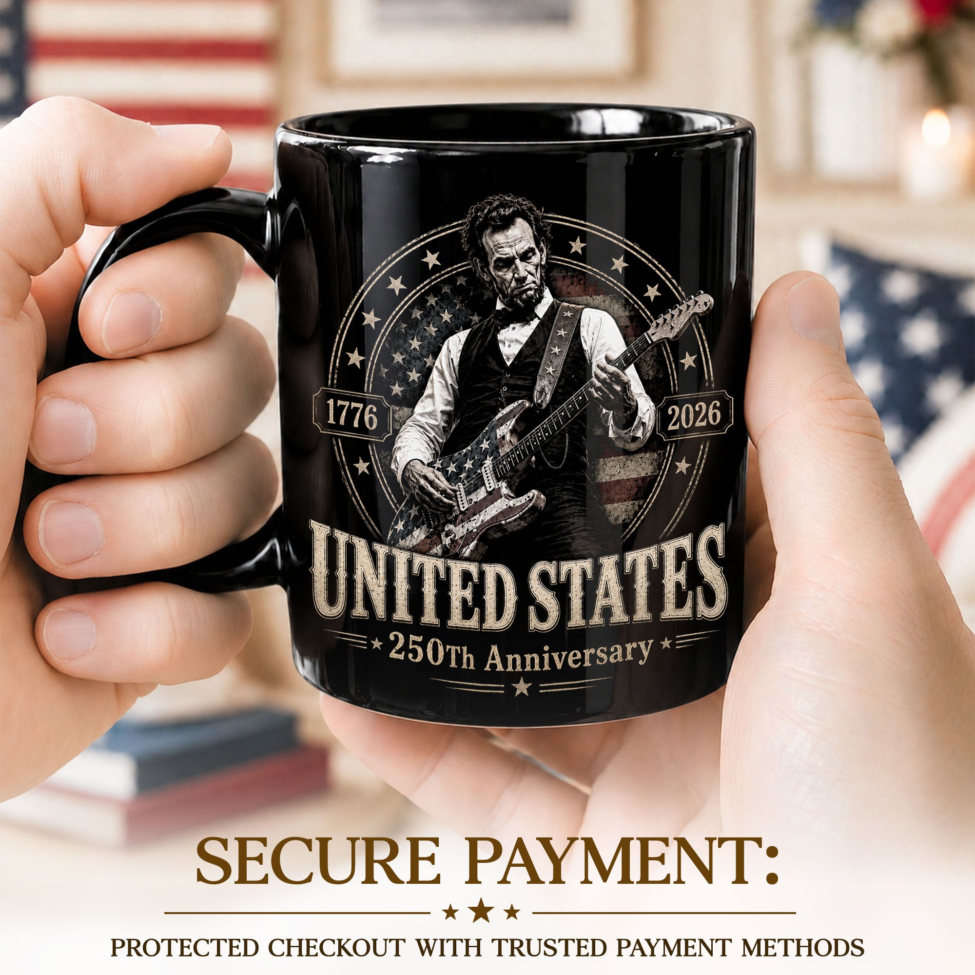 250 Years 1776 2026 Mug Abraham Lincoln Rock Guitar Patriotic Patriotic Ceramic Cup - Rust Field Wear