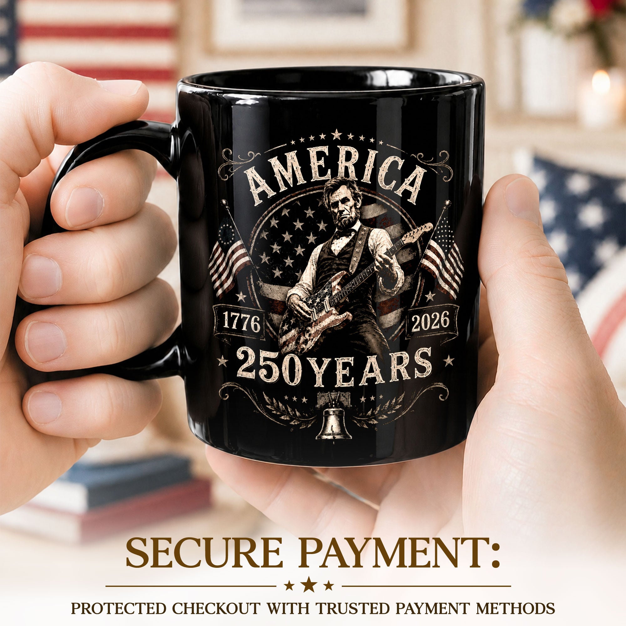 250 Years 1776 2026 Mug Abraham Lincoln Rock Guitar Liberty Bell Patriotic Cup Gift - Rust Field Wear