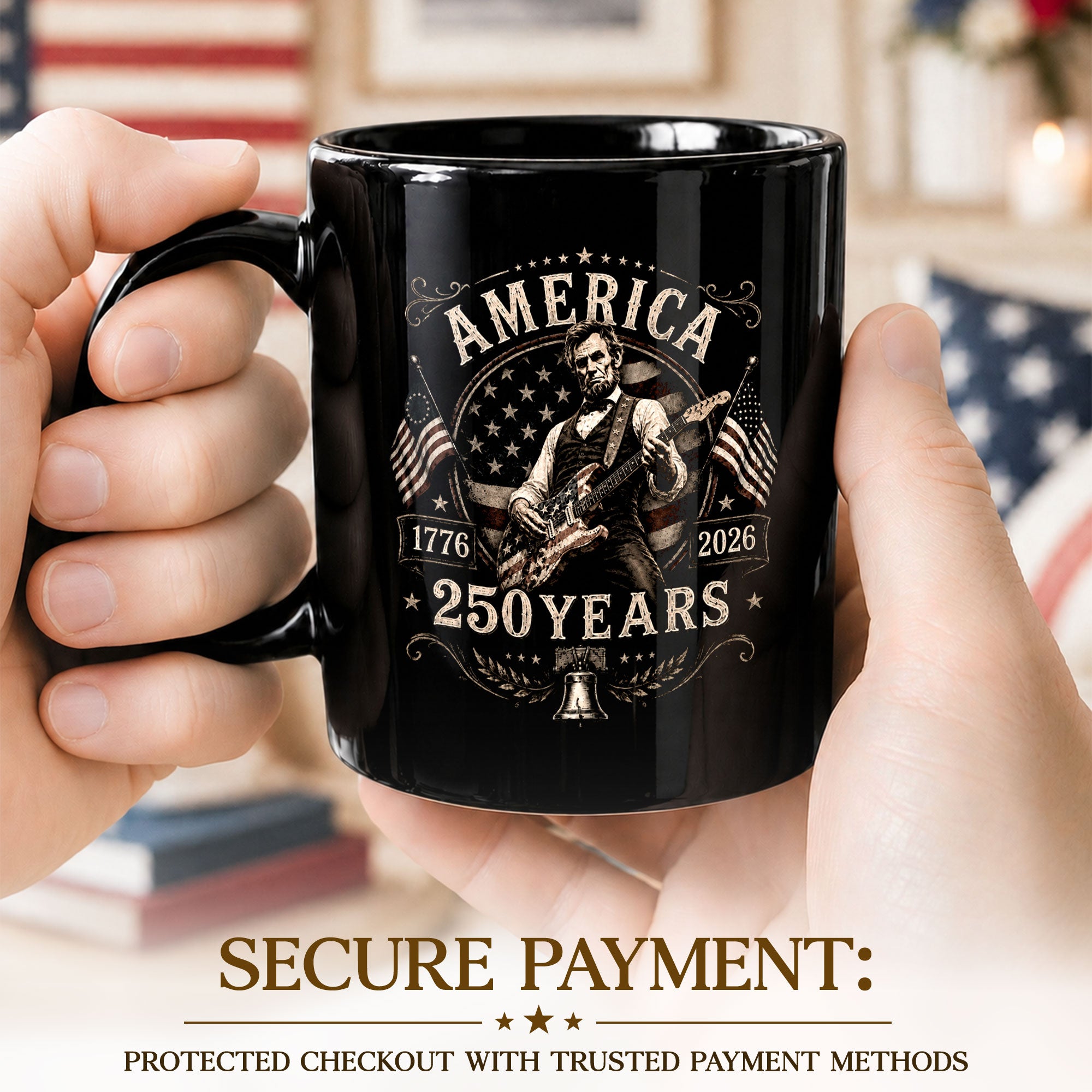 250 Years 1776 2026 Mug Abraham Lincoln Rock Guitar Liberty Bell Patriotic Cup Gift