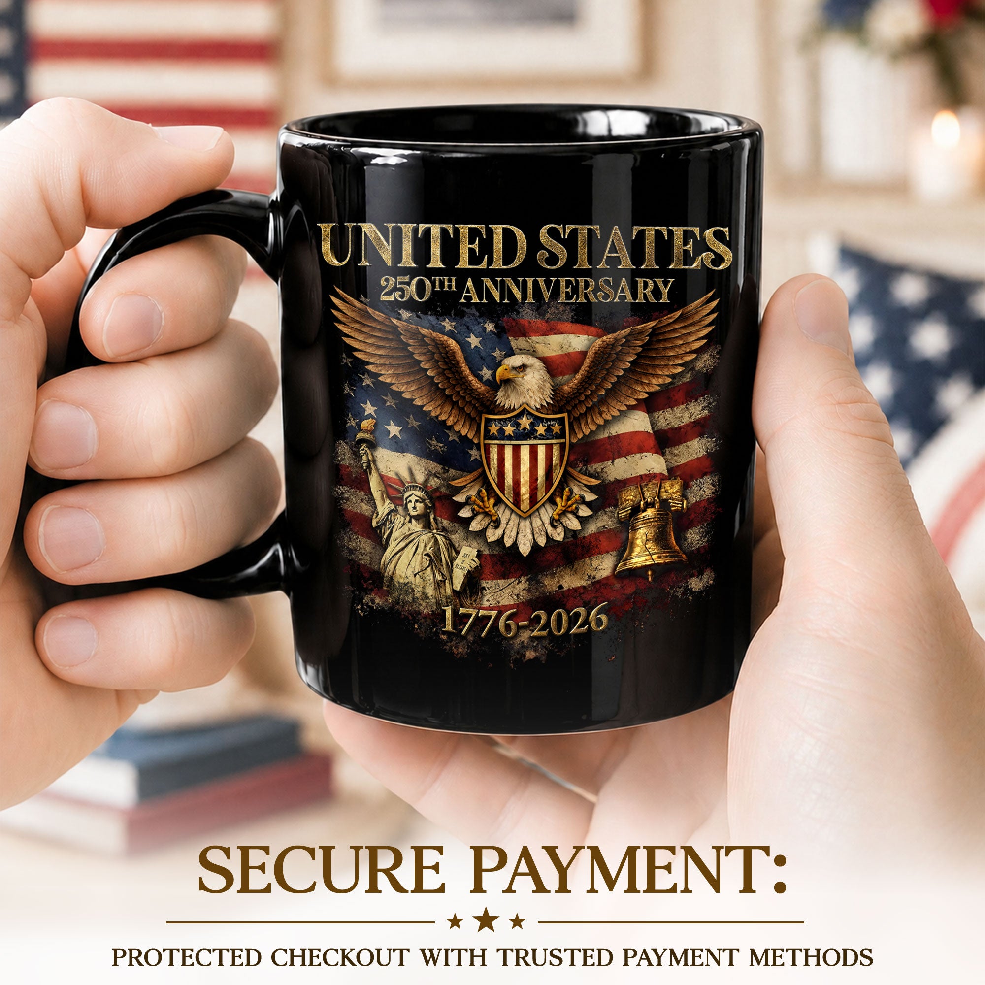 USA 250 Years 1776-2026 Patriotic Symbols Statue of Liberty Eagle Anniversary Mug - Rust Field Wear
