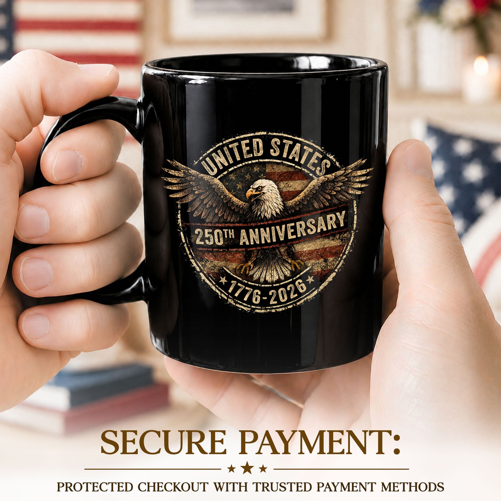 Vintage US 250th Anniversary 1776-2026 American Eagle Flag Commemorative Mug - Rust Field Wear