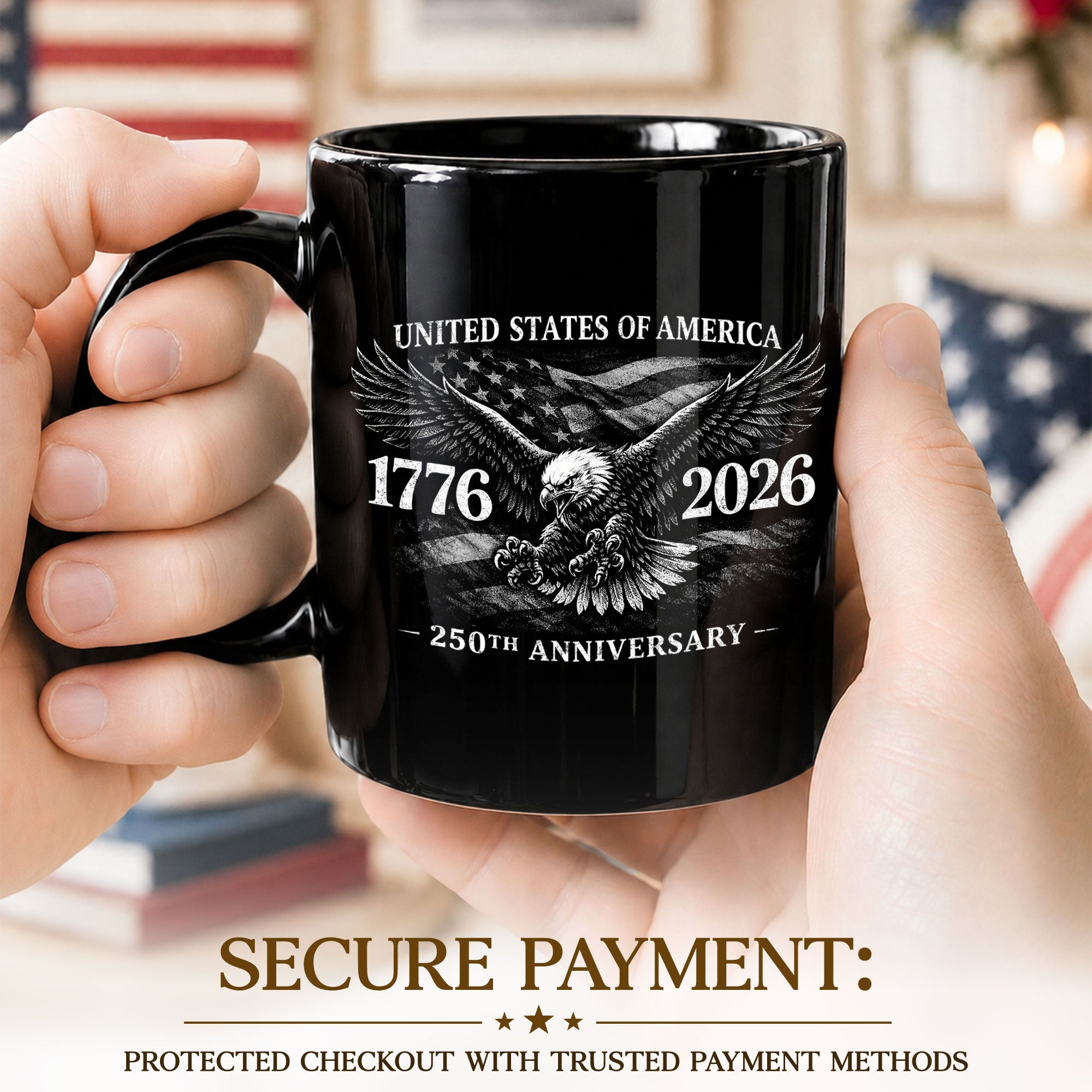 United States 250th Anniversary 1776-2026 Patriotic Eagle Commemorative Black Mug - Rust Field Wear