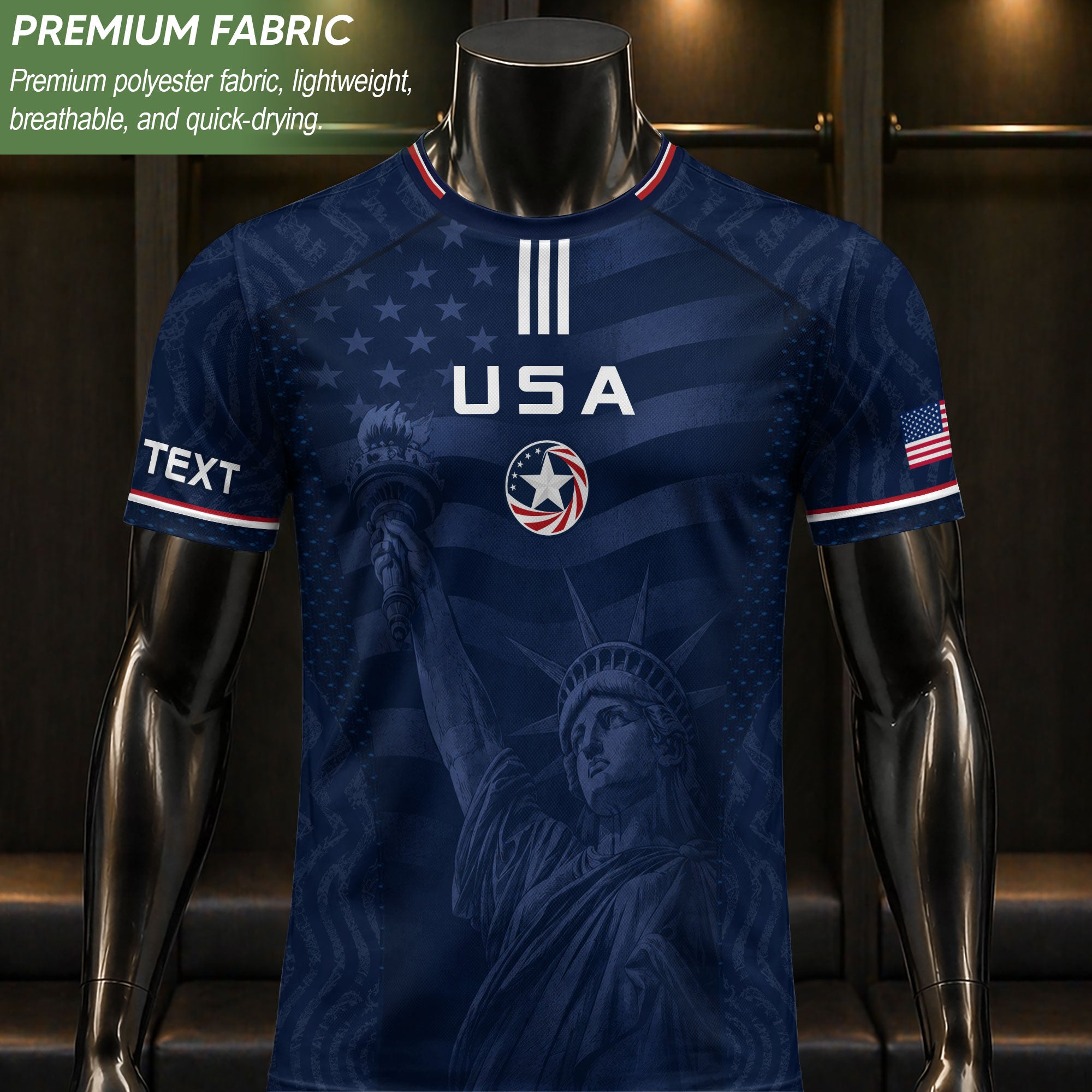 Custom Blue USA Statue of Liberty Soccer Jersey - Personalized Name & Number Shirt