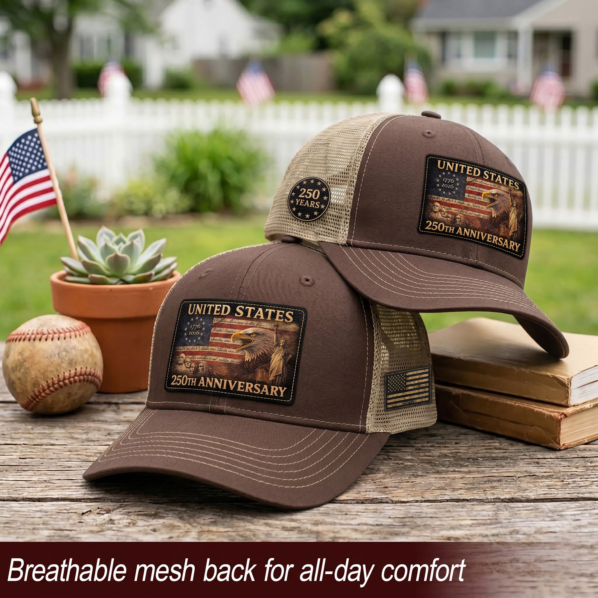 United States 250th Anniversary Leather Patch Hat Patriotic Eagle Mesh Trucker Cap