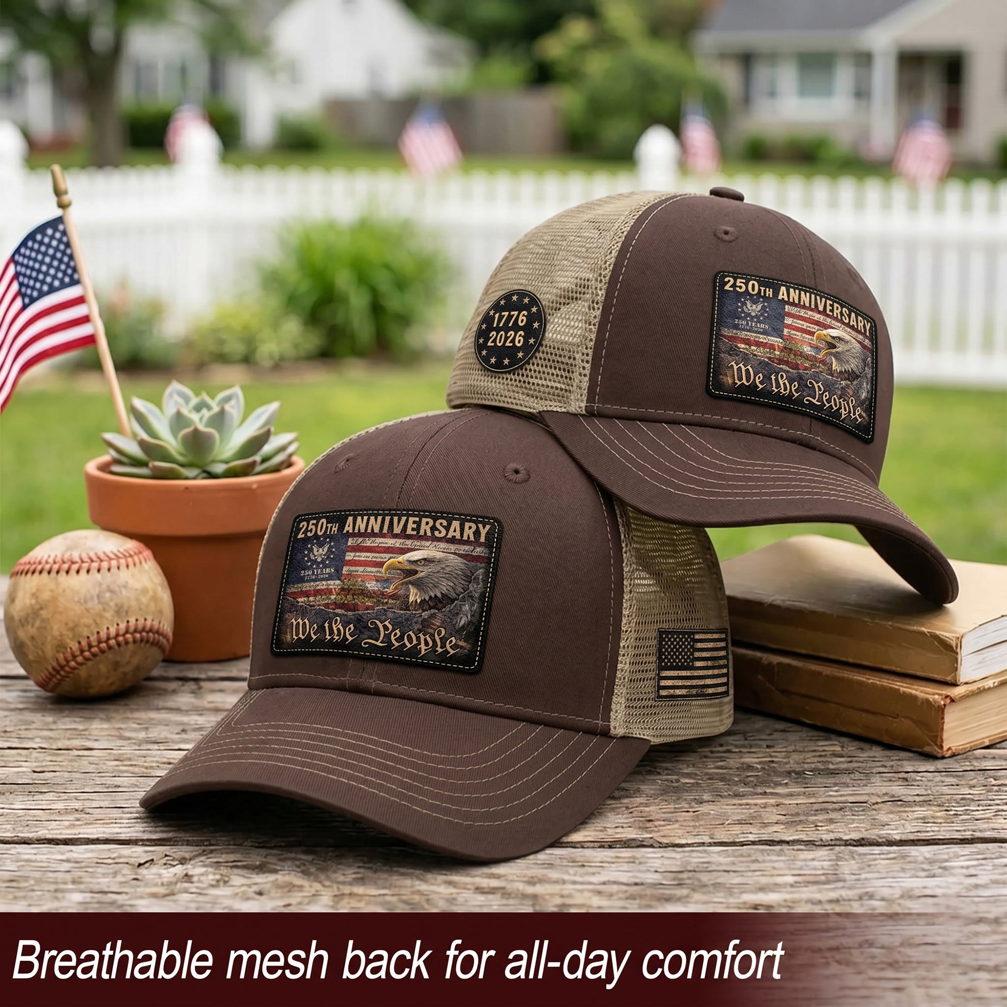 Patriotic Leather Patch Cap We The People 250th Anniversary Graphic Mesh Back Hat